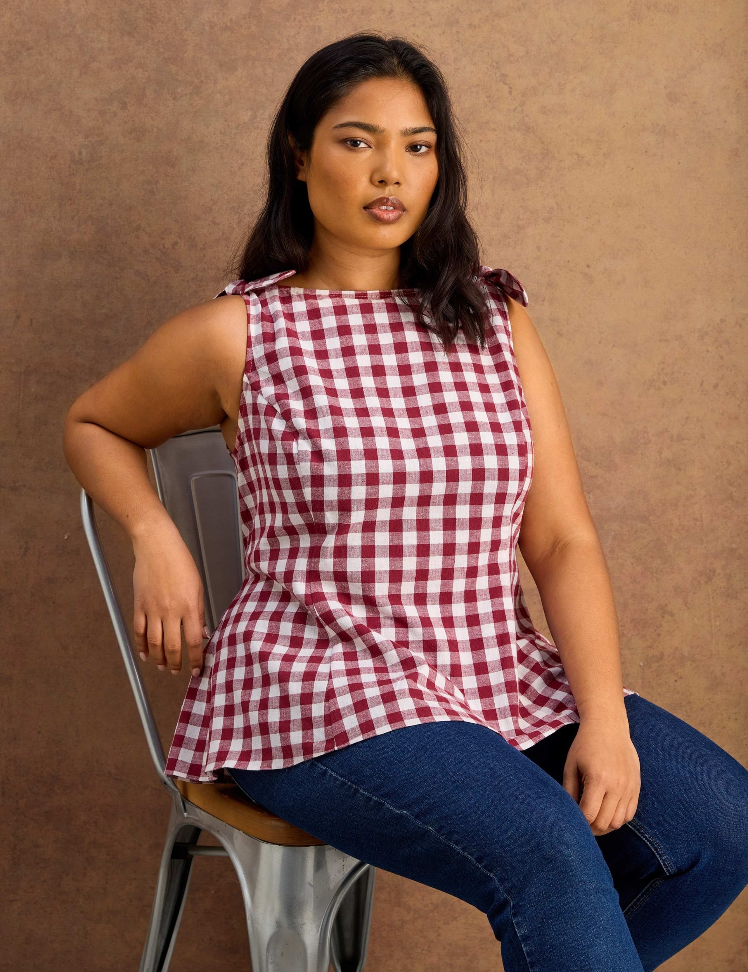 Cotton Rich Checked Peplum Top with Linen 4 of 7