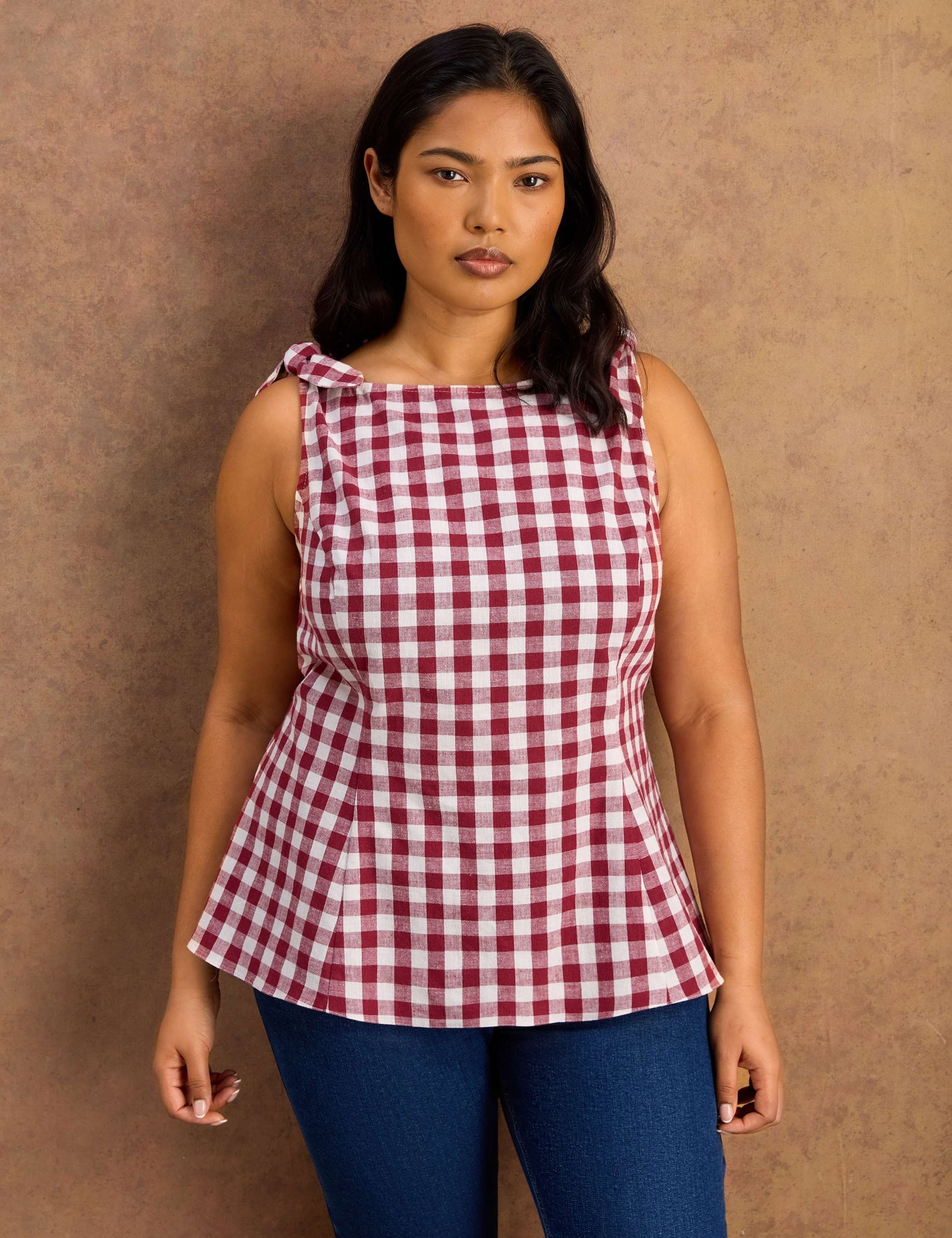 Cotton Rich Checked Peplum Top with Linen 5 of 7