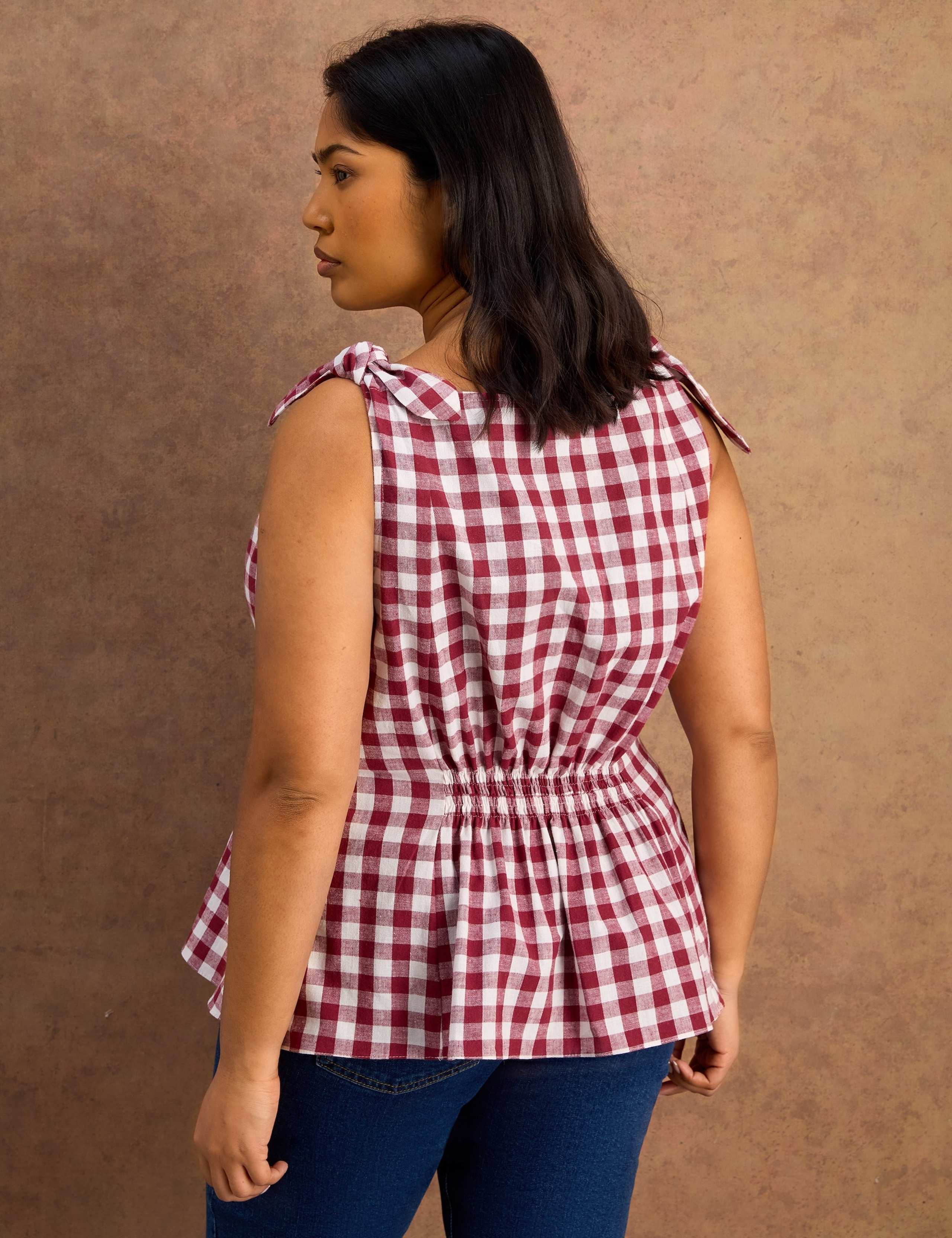 Cotton Rich Checked Peplum Top with Linen 6 of 7