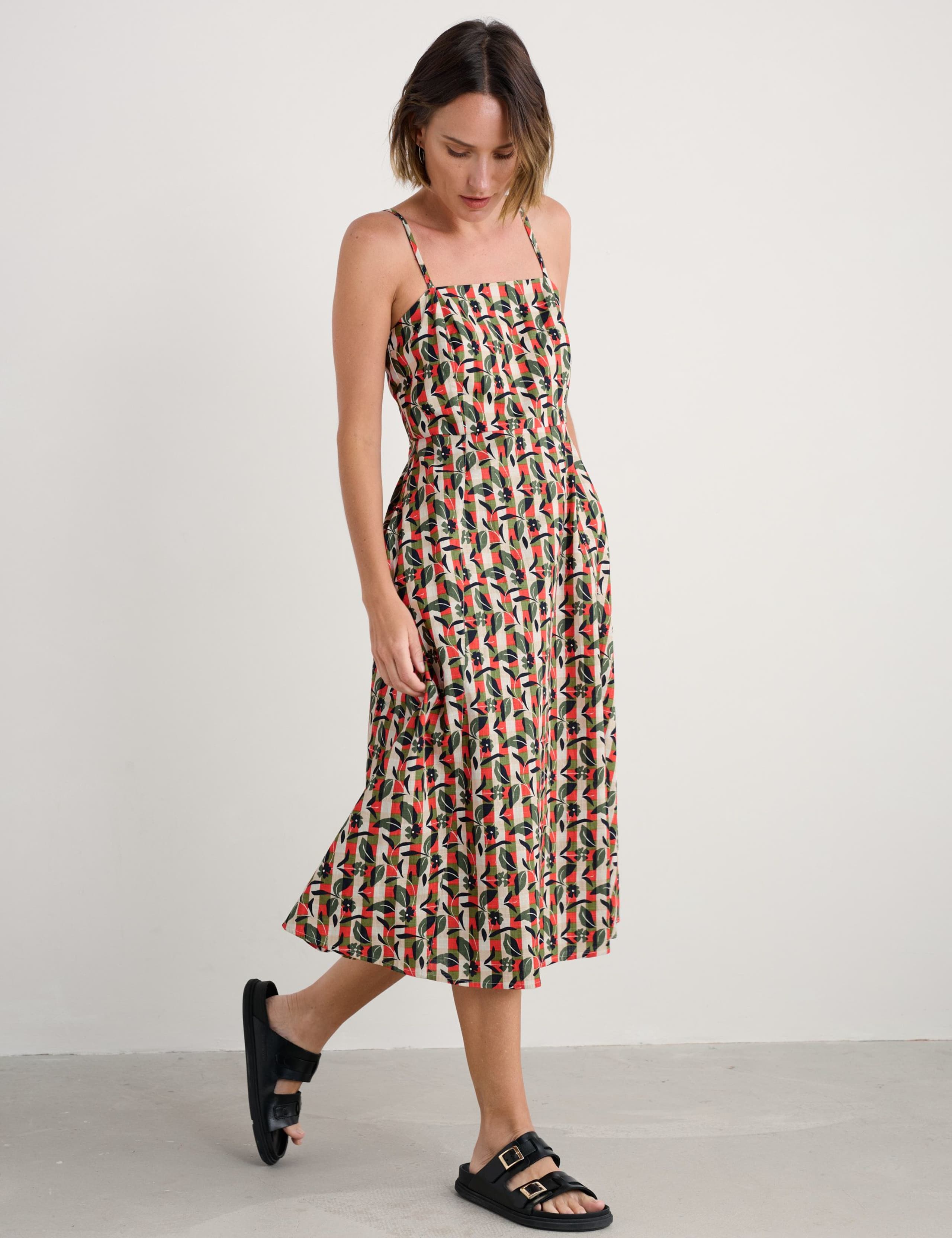 Pure Cotton Floral Check Strappy Midi Dress 3 of 5
