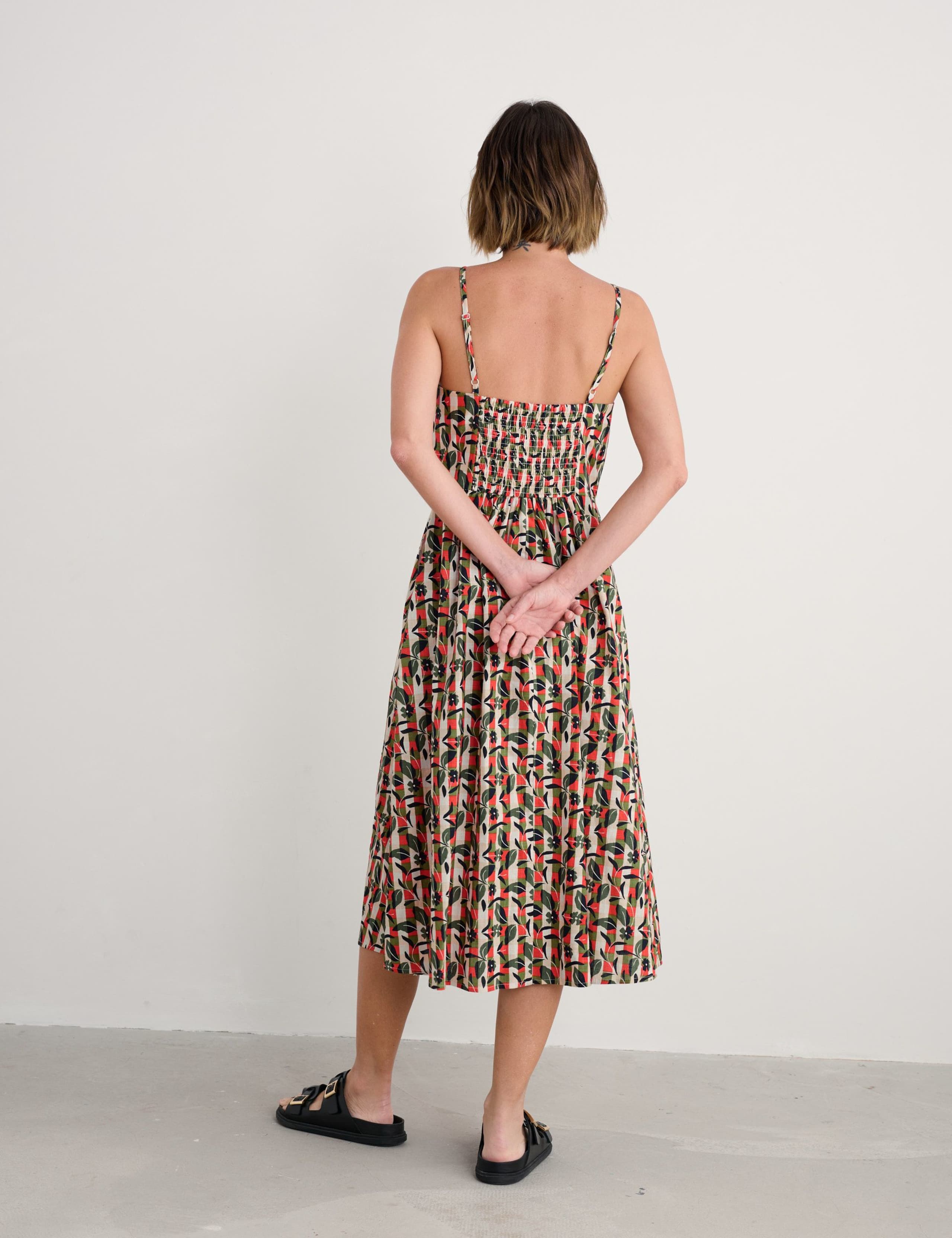 Pure Cotton Floral Check Strappy Midi Dress 4 of 5