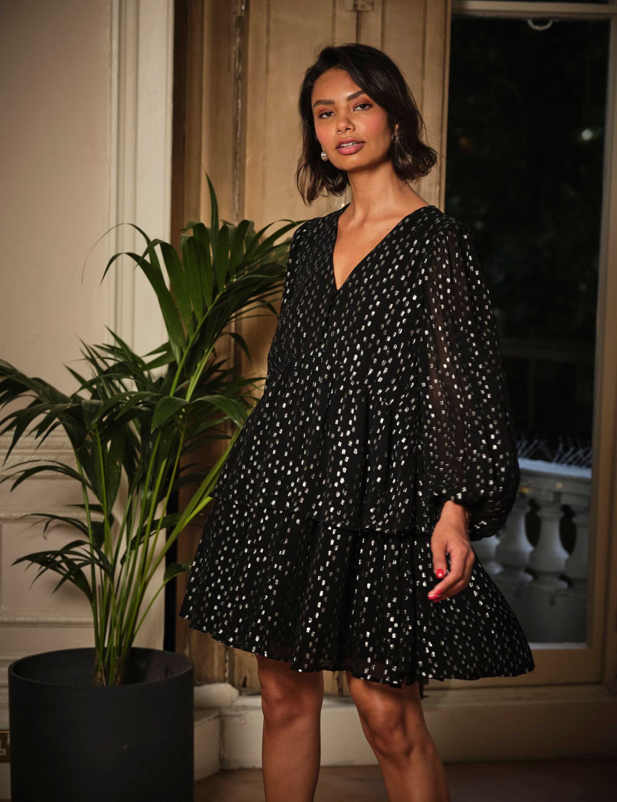 Metallic V-Neck Mini Tiered Dress 1 of 4