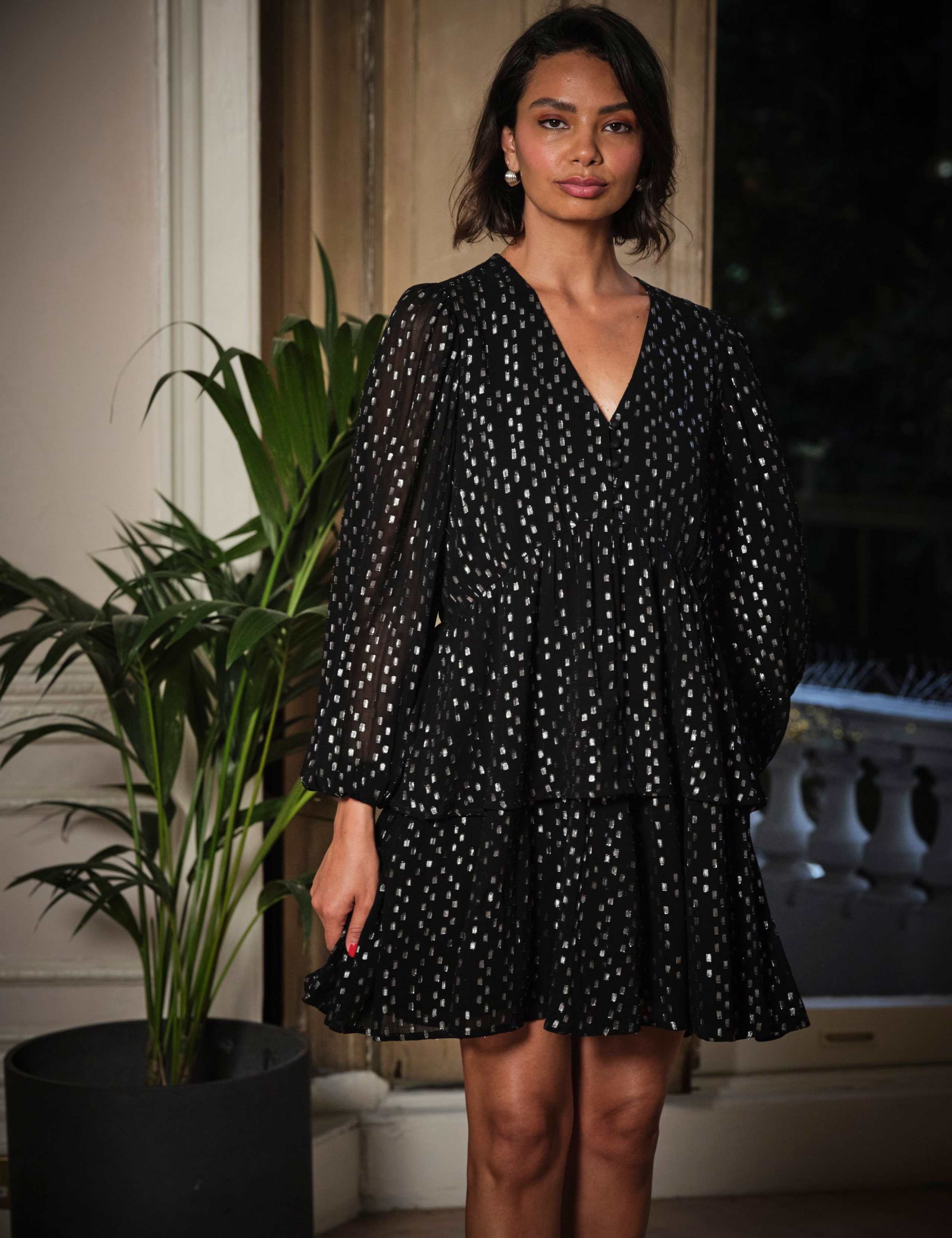 Metallic V-Neck Mini Tiered Dress 3 of 4