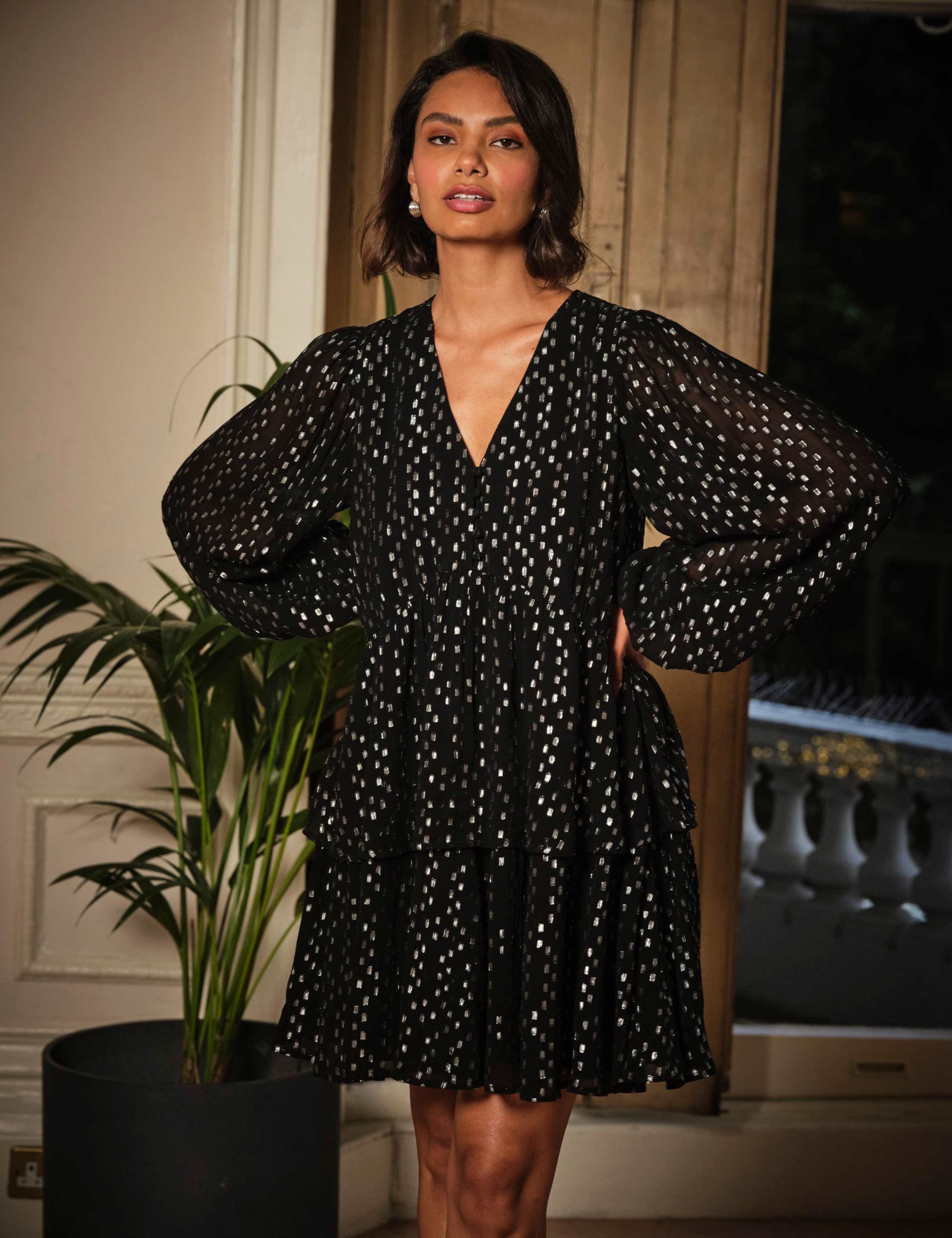 Metallic V-Neck Mini Tiered Dress 4 of 4