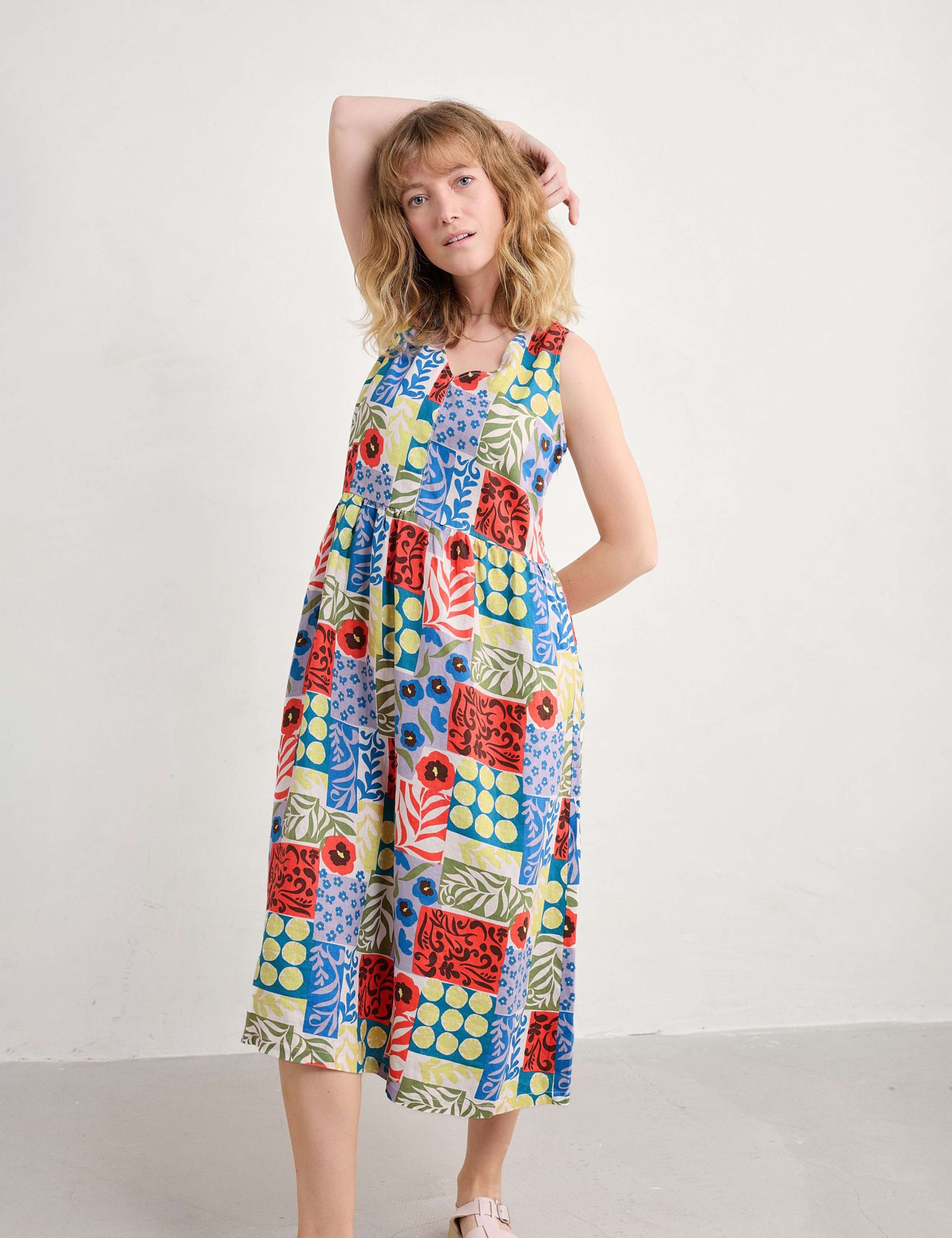 Pure Linen Floral V-Neck Midi Waisted Dress 3 of 5