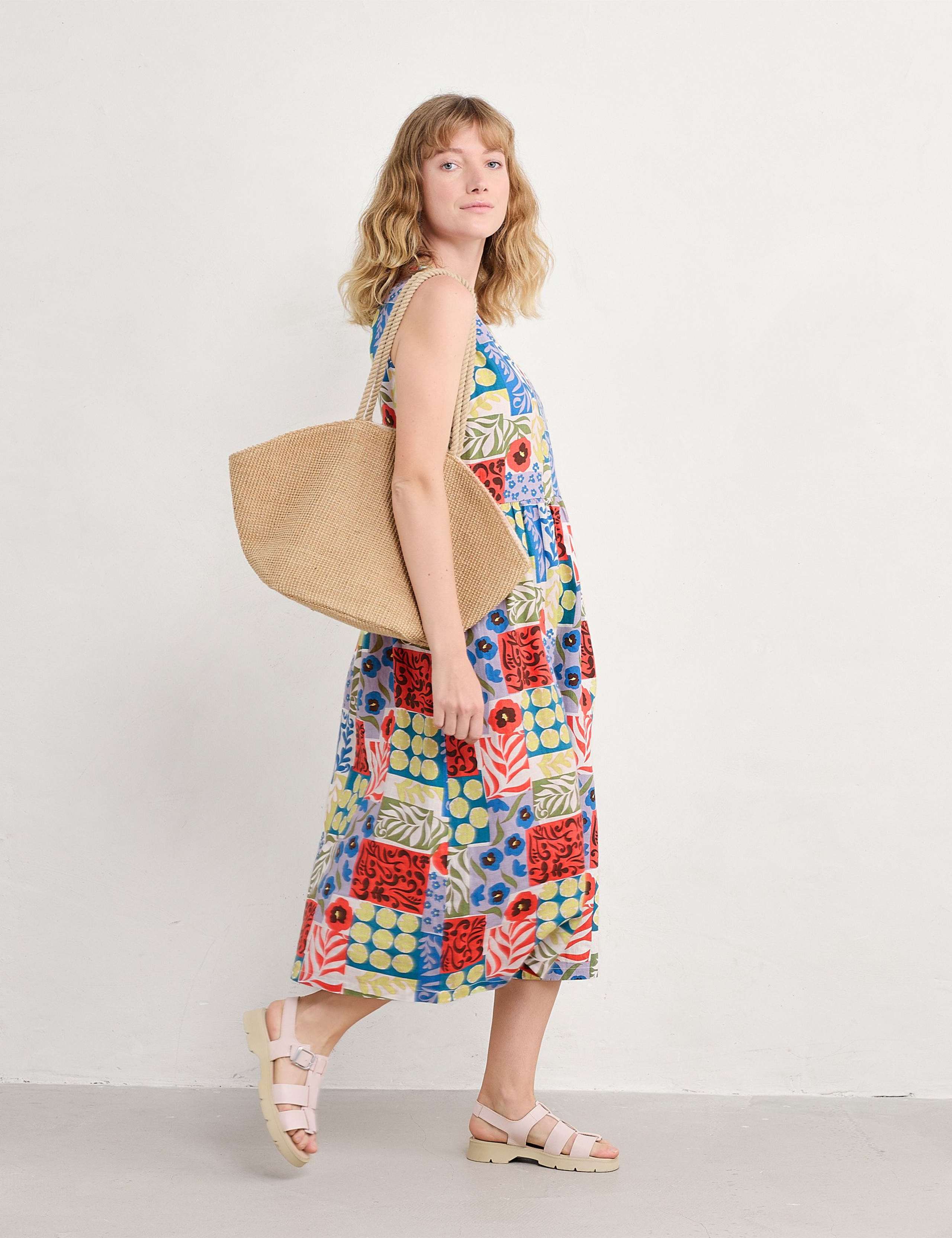 Pure Linen Floral V-Neck Midi Waisted Dress 4 of 5