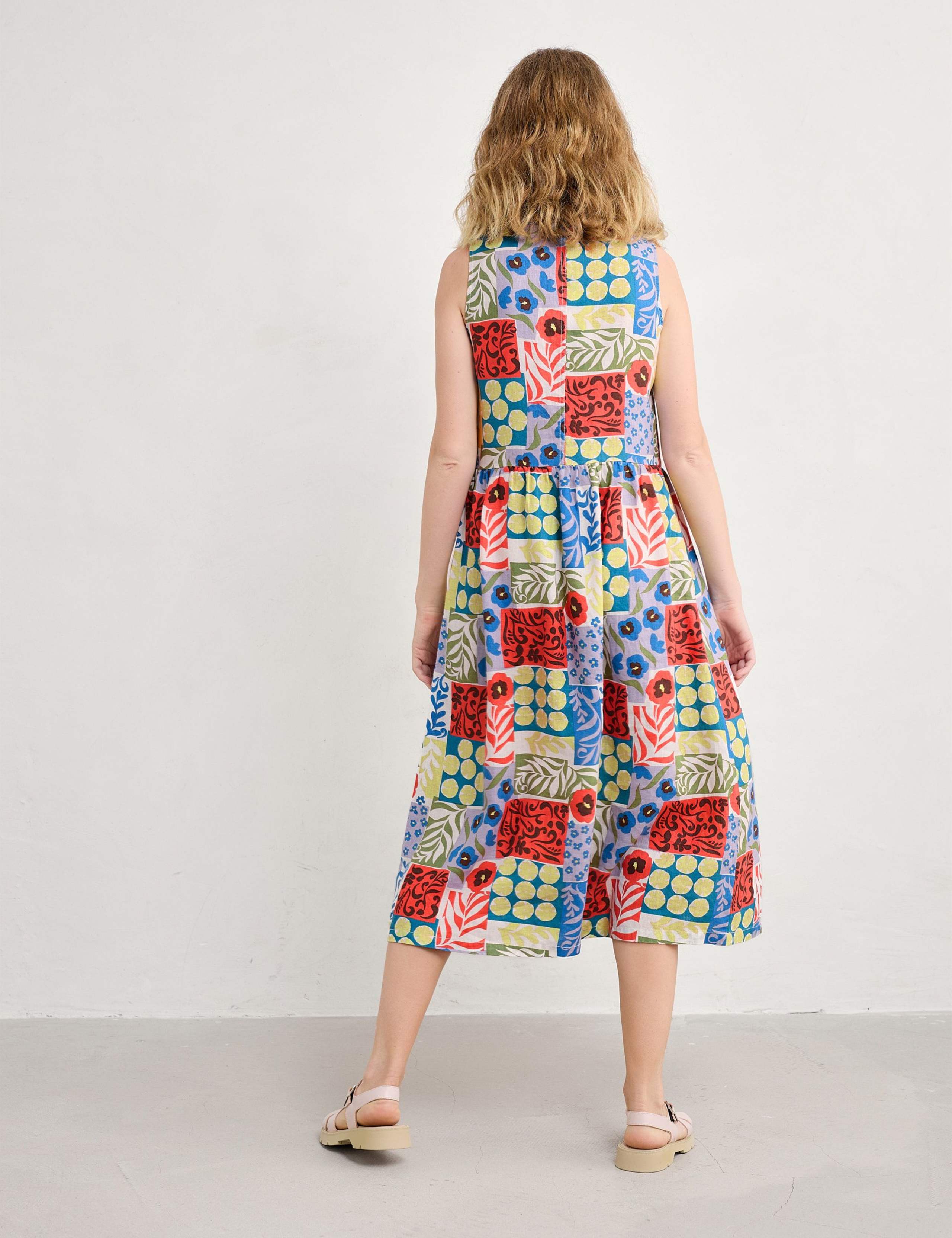 Pure Linen Floral V-Neck Midi Waisted Dress 5 of 5