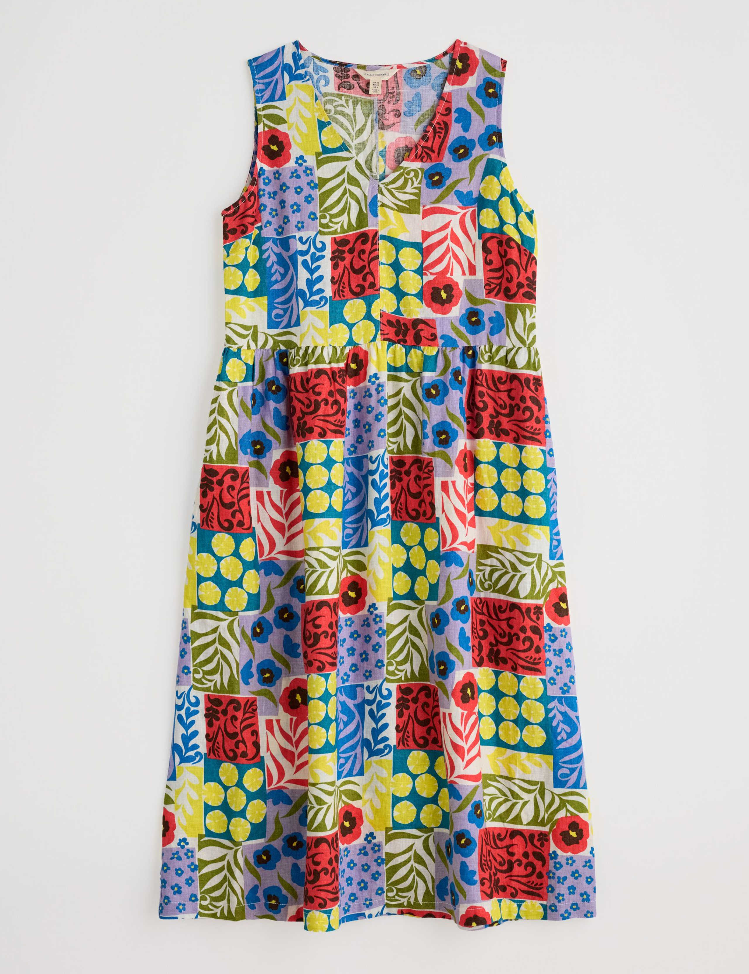Pure Linen Floral V-Neck Midi Waisted Dress 2 of 5