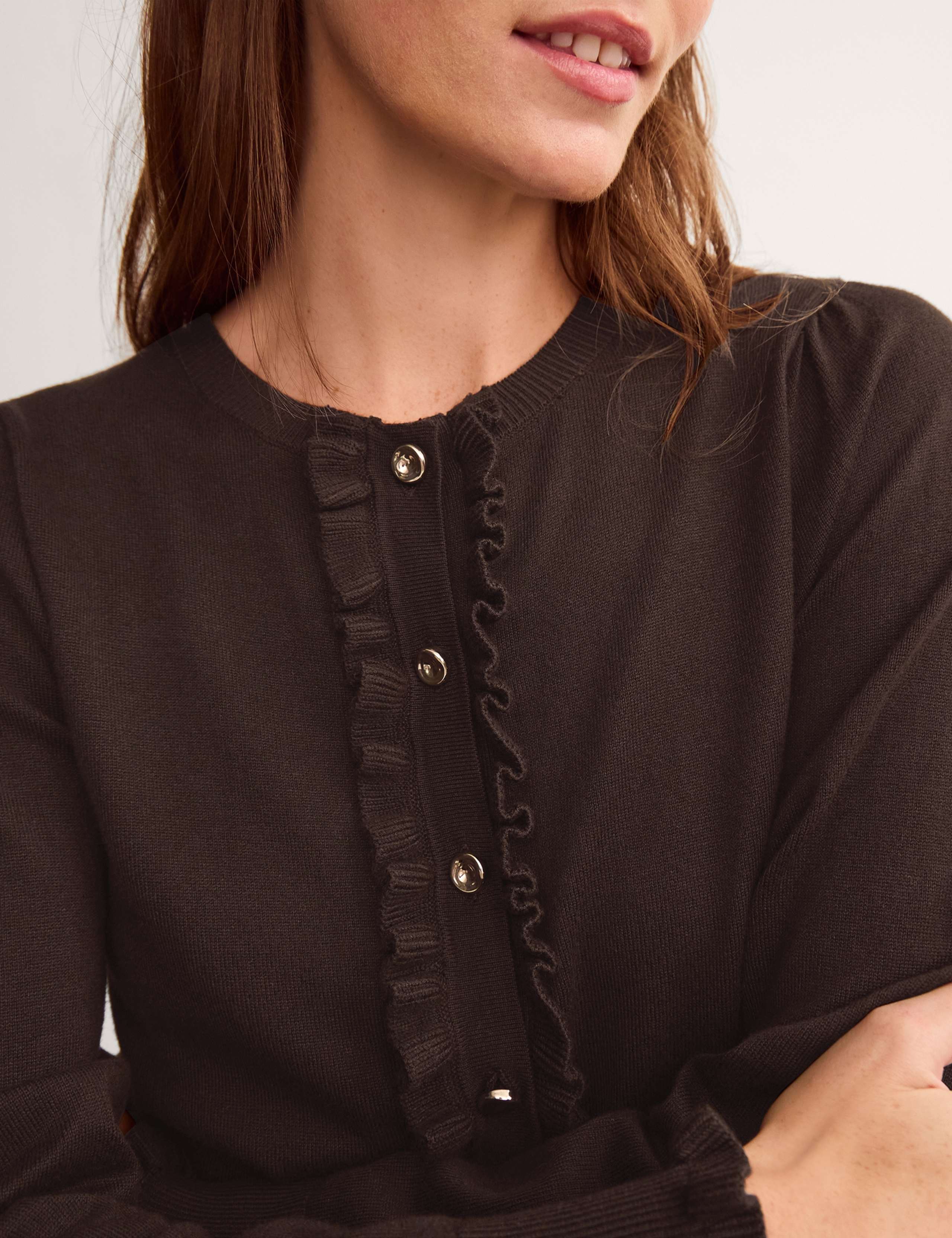 Crew Neck Ruffle Button Front Cardigan 5 of 5
