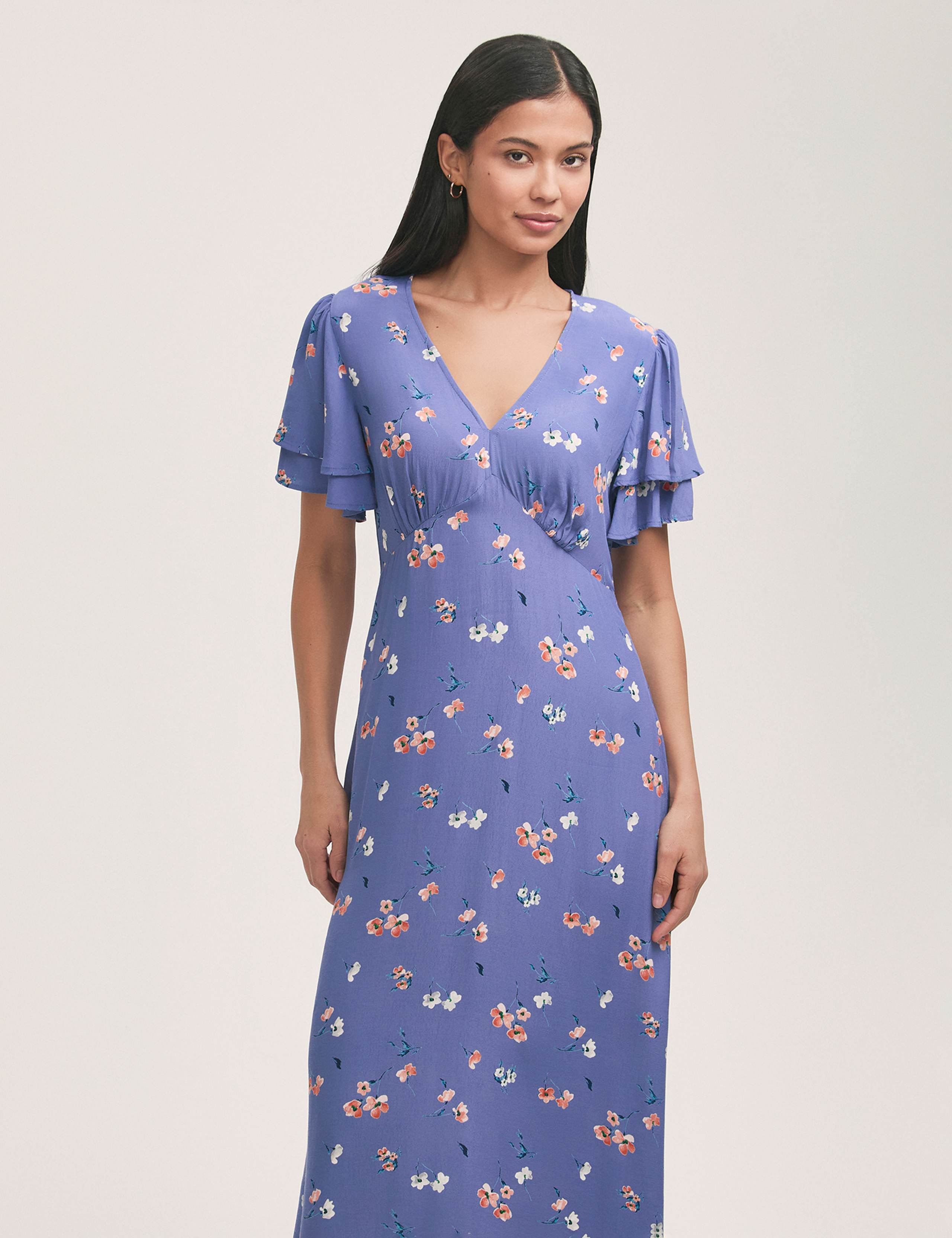Floral V-Neck Angel Sleeve Midi Tea Dress 3 of 4