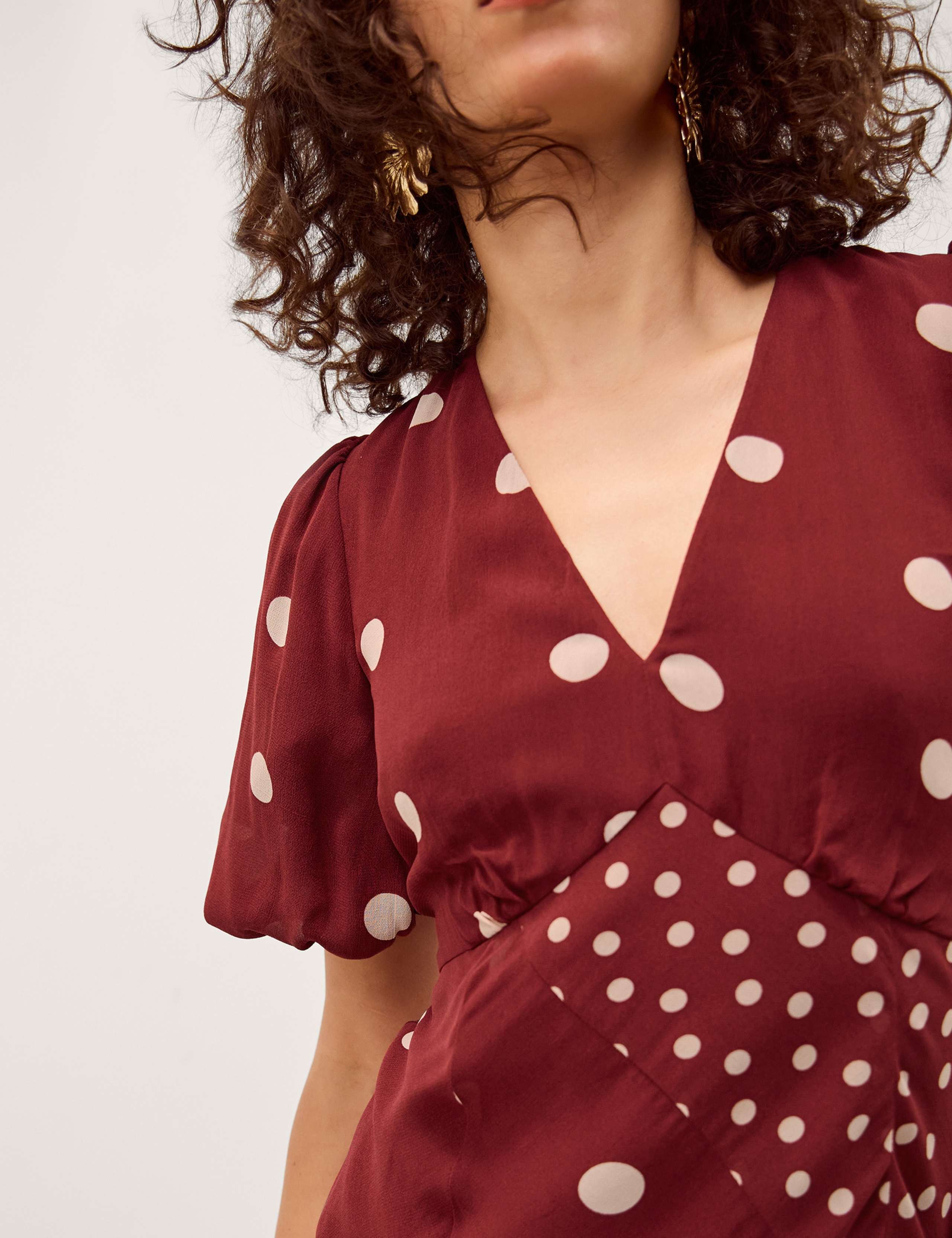 Polka Dot V-Neck Puff Sleeve Midi Tea Dress 4 of 4