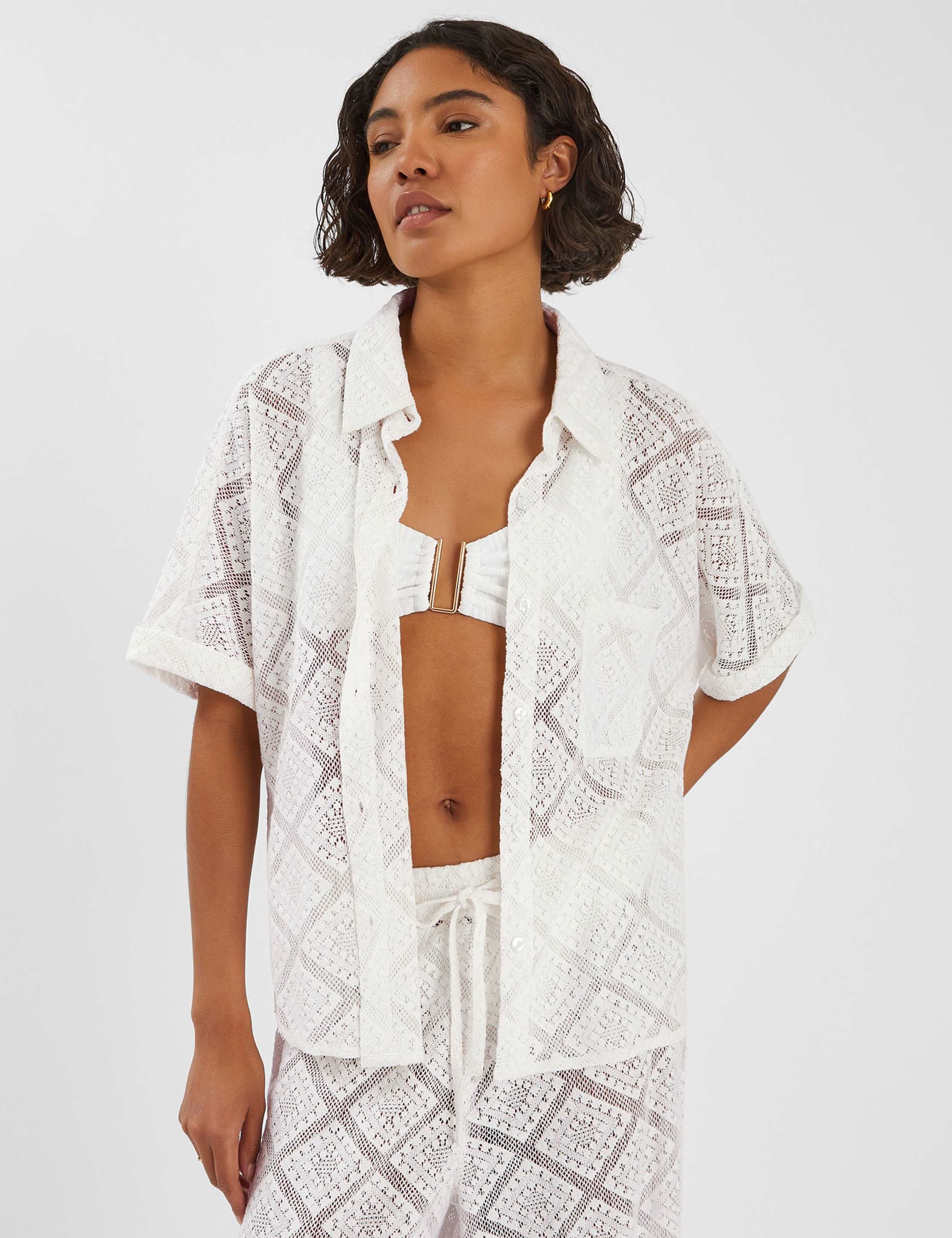 Cotton Rich Tile Lace Beach Cover Up Shirt 1 of 4