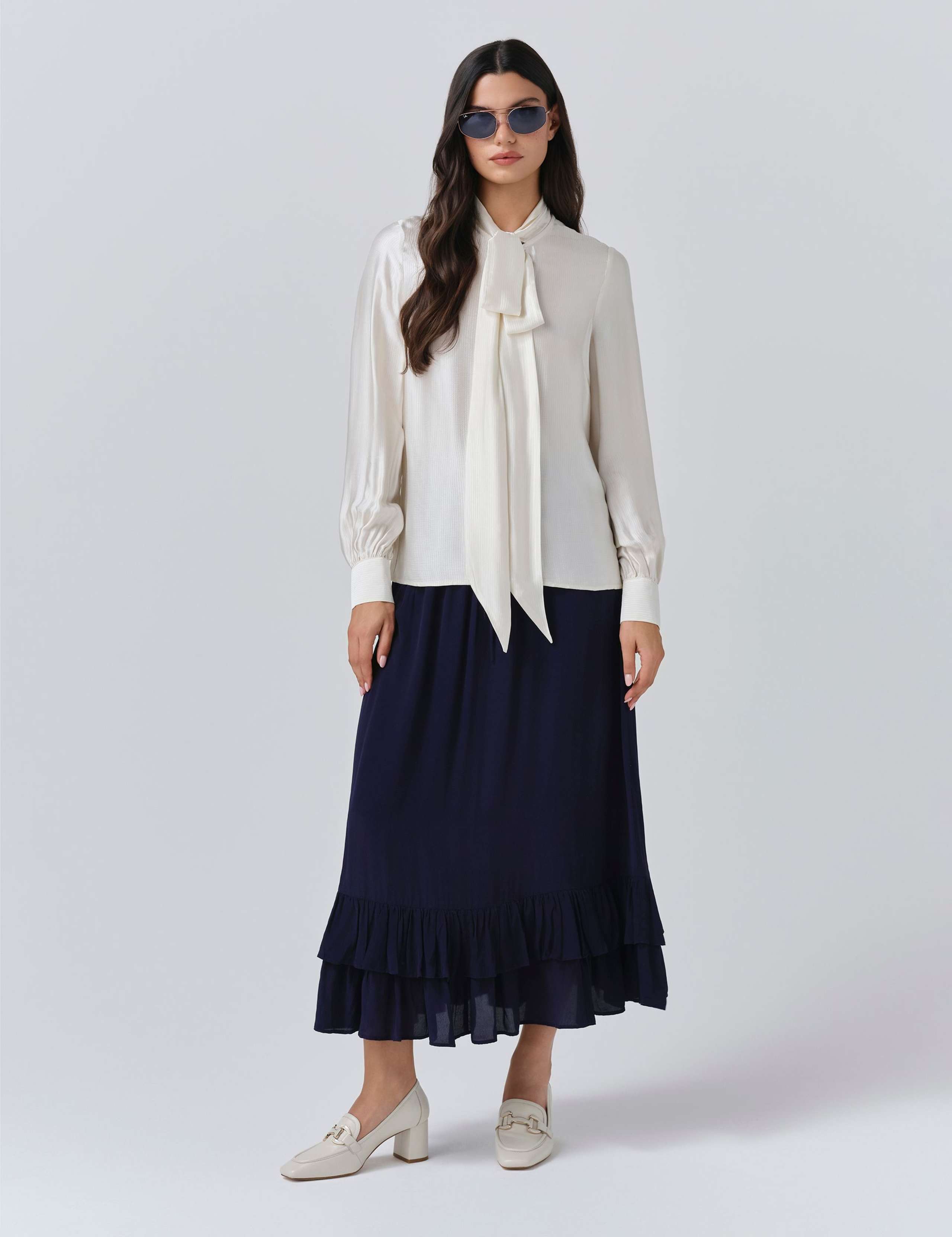 Satin Tie Neck Button Through Blouson Sleeve Blouse 2 of 5