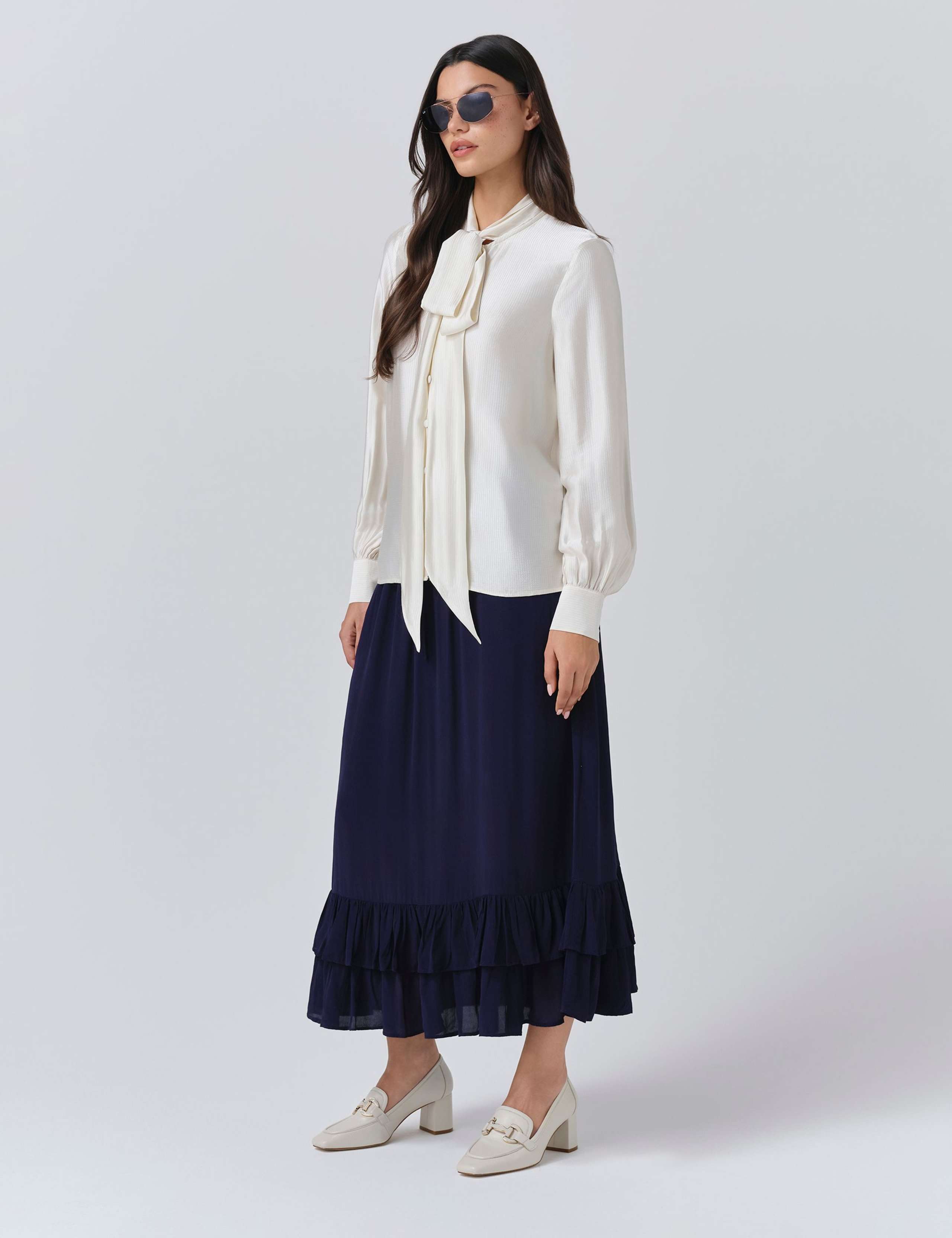 Satin Tie Neck Button Through Blouson Sleeve Blouse 3 of 5