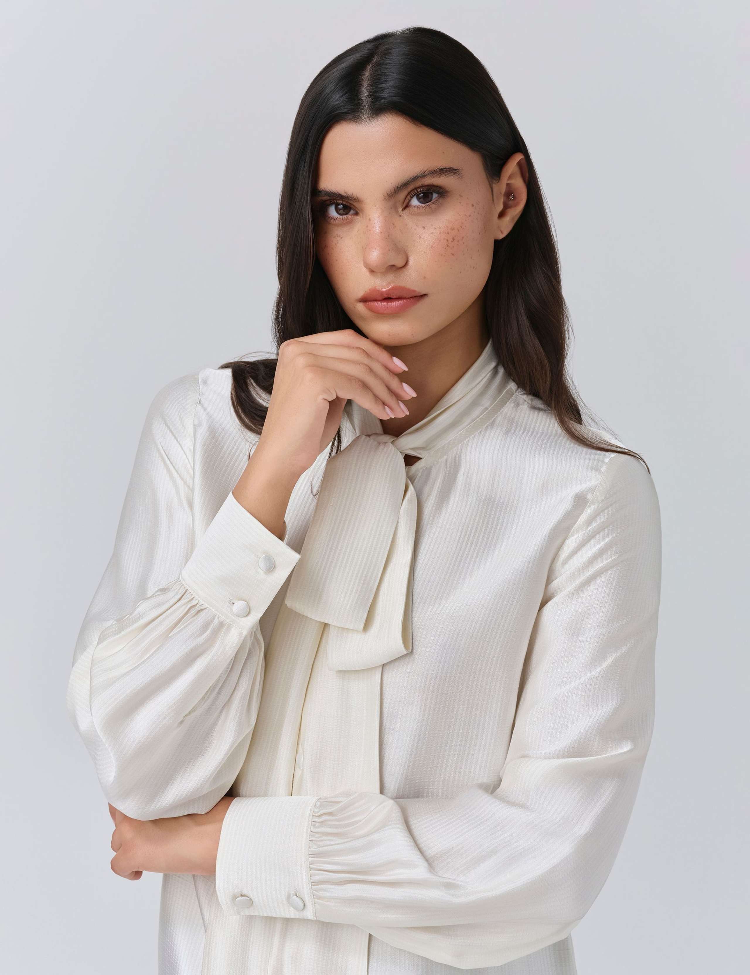 Satin Tie Neck Button Through Blouson Sleeve Blouse 5 of 5