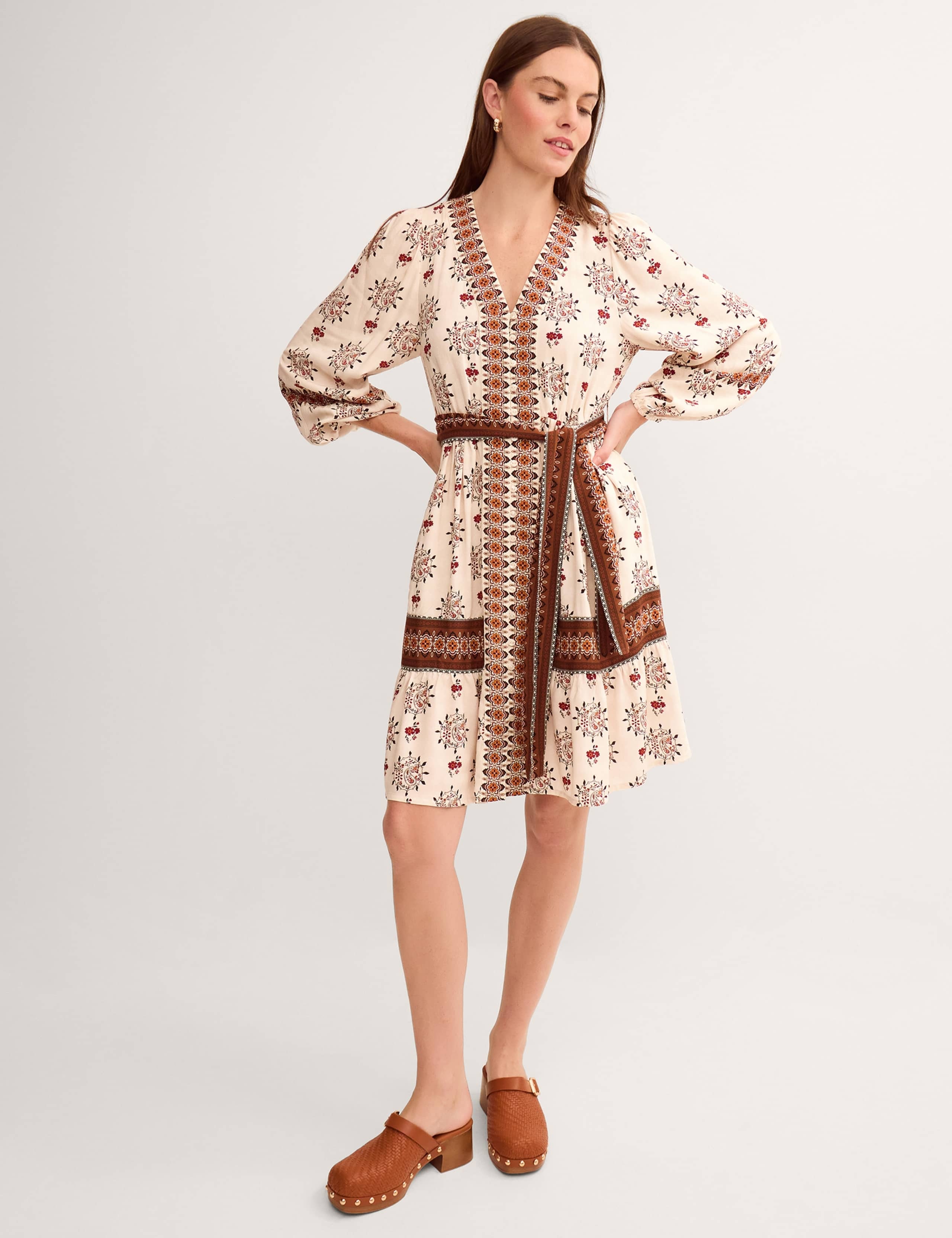 Printed V-Neck Belted Knee Length Shirt Dress 2 of 5