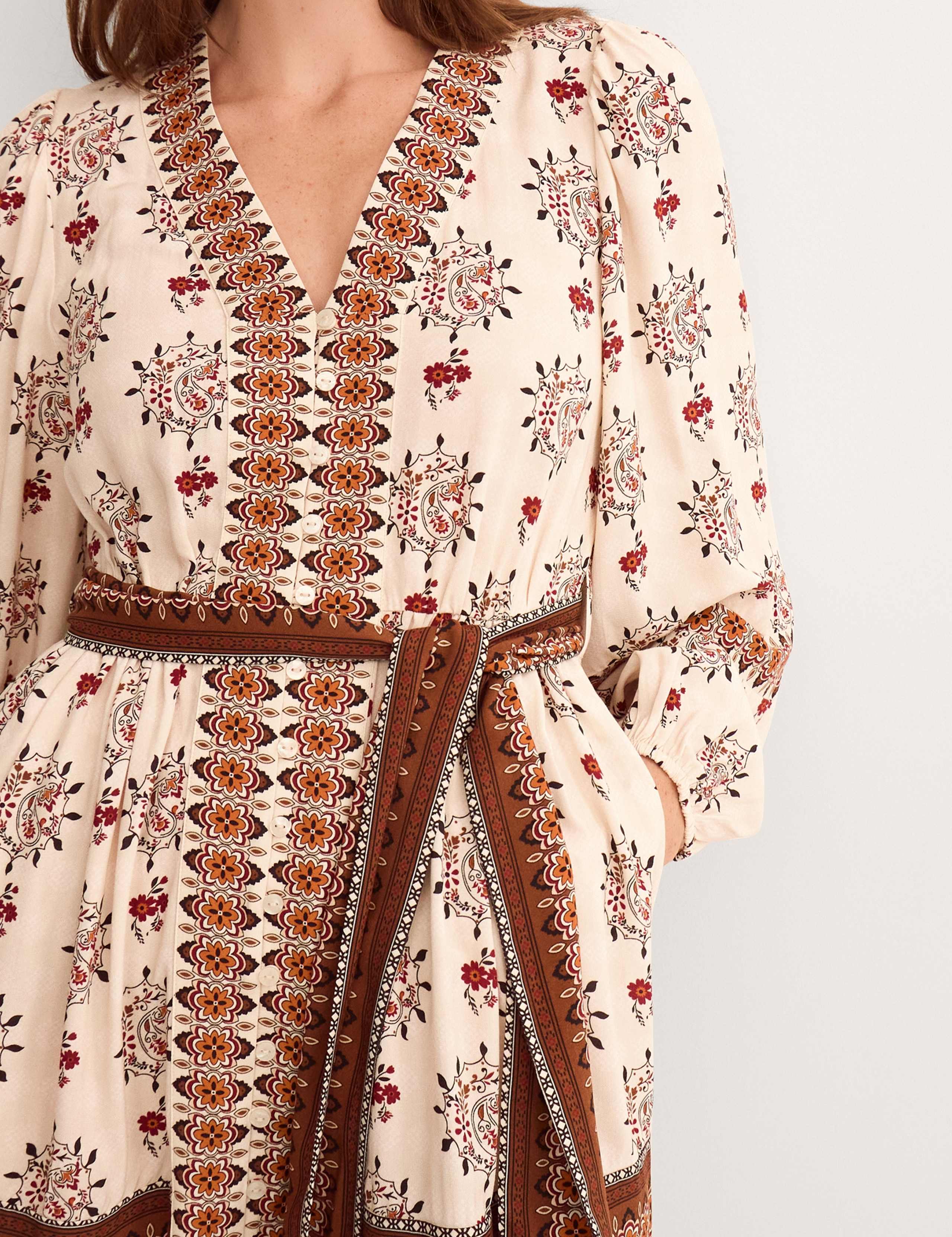 Printed V-Neck Belted Knee Length Shirt Dress 5 of 5