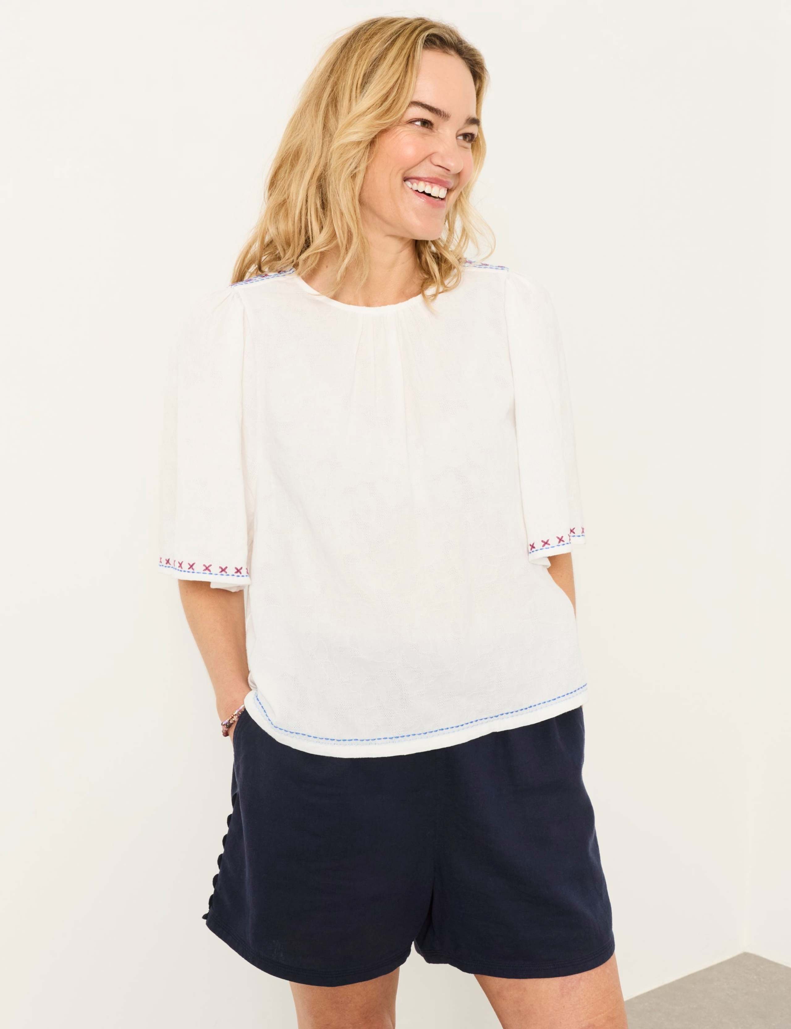 Pure Cotton Jacquard Flutter Sleeve Blouse 1 of 6
