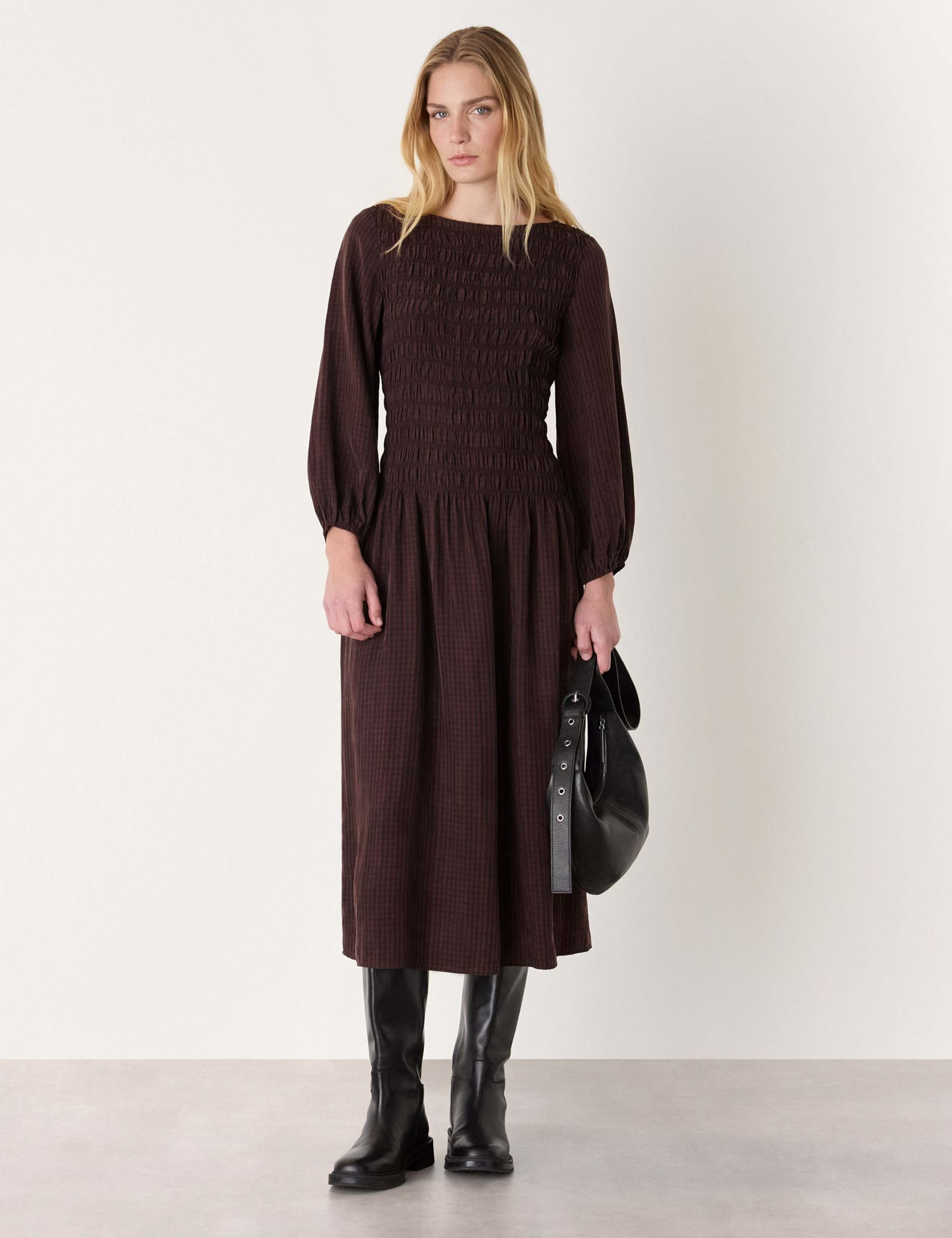 Pure Cupro Checked Midi Shirred Dress 1 of 4