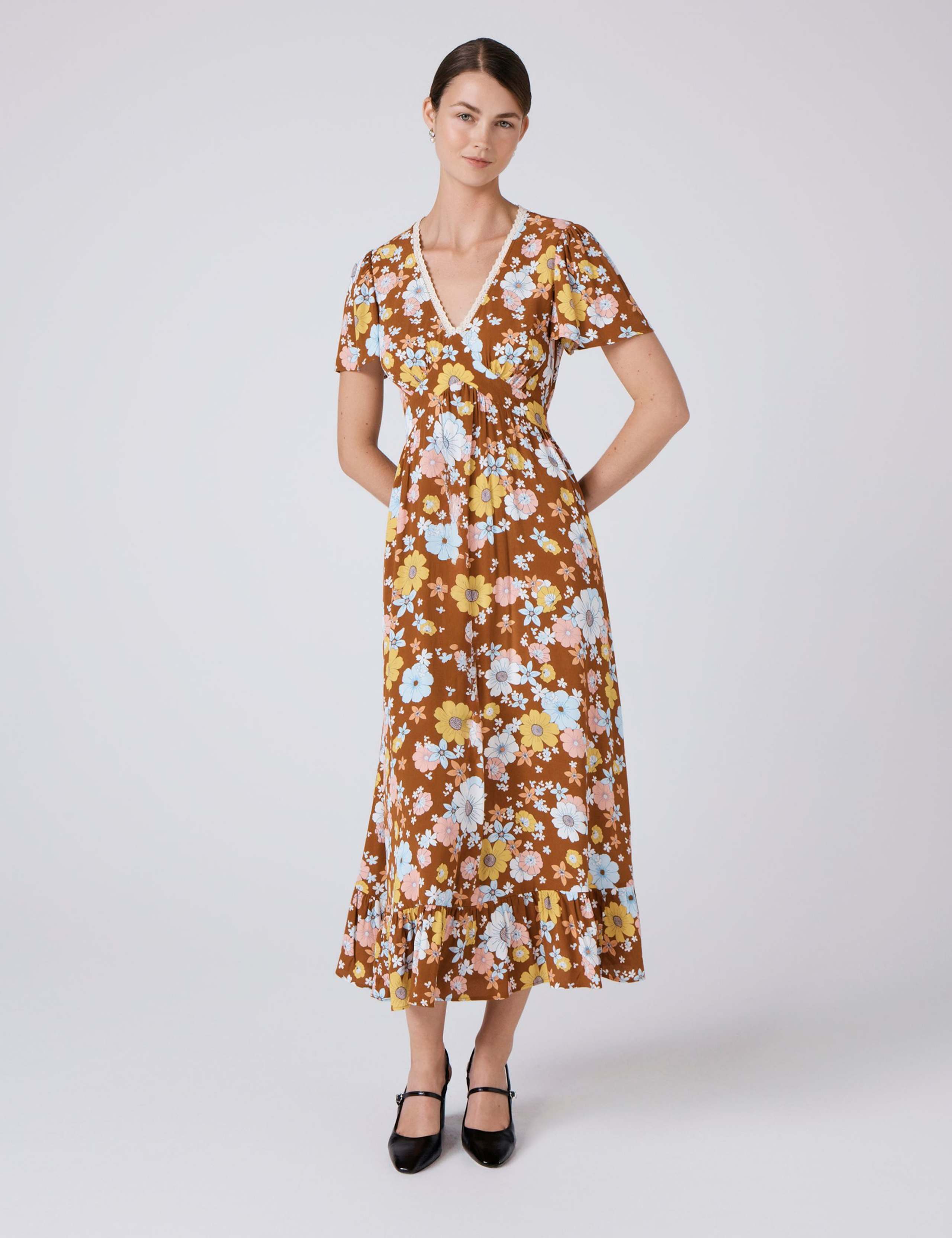 Crepe Floral Lace Trim Midi Tea Dress 1 of 5