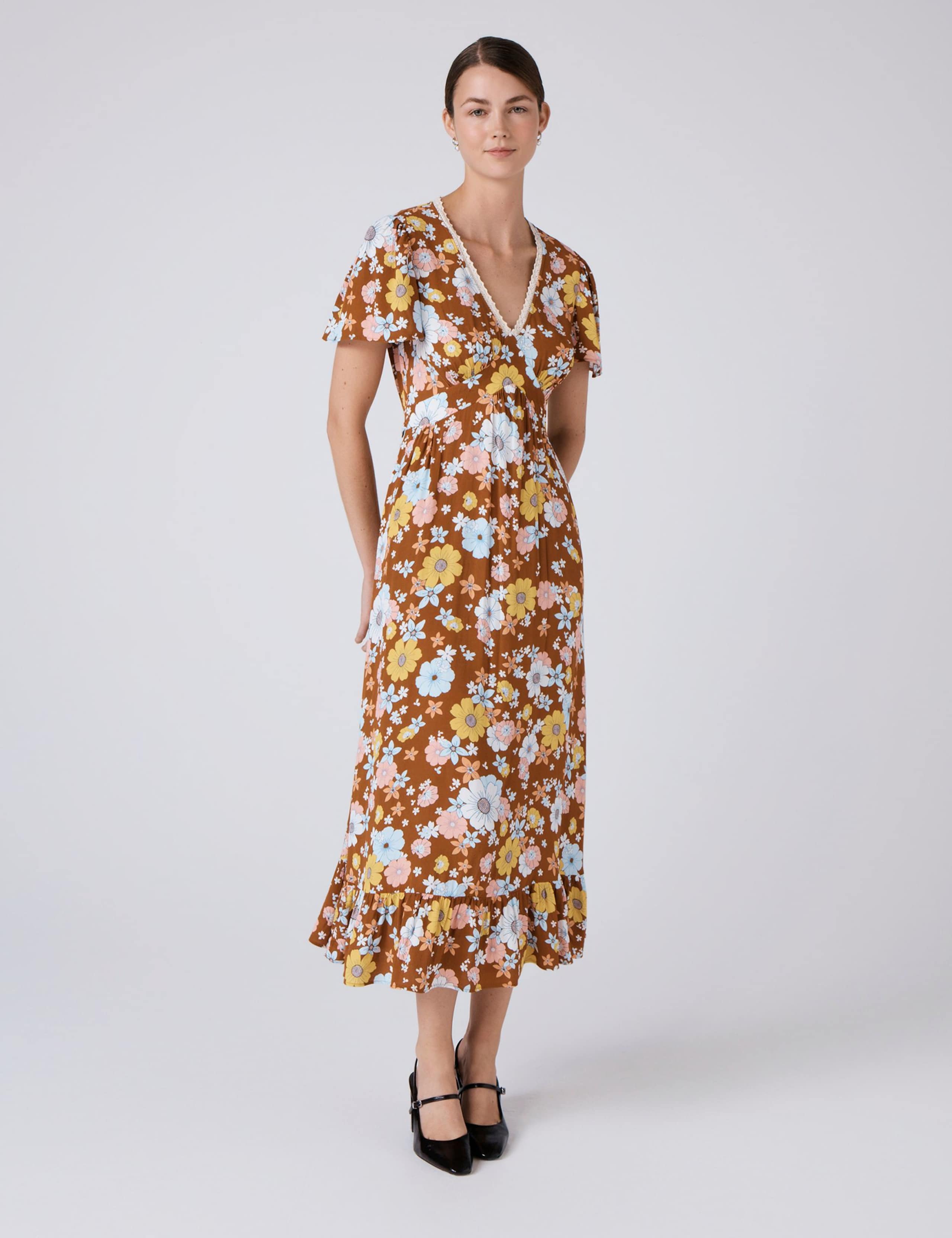 Crepe Floral Lace Trim Midi Tea Dress 2 of 5