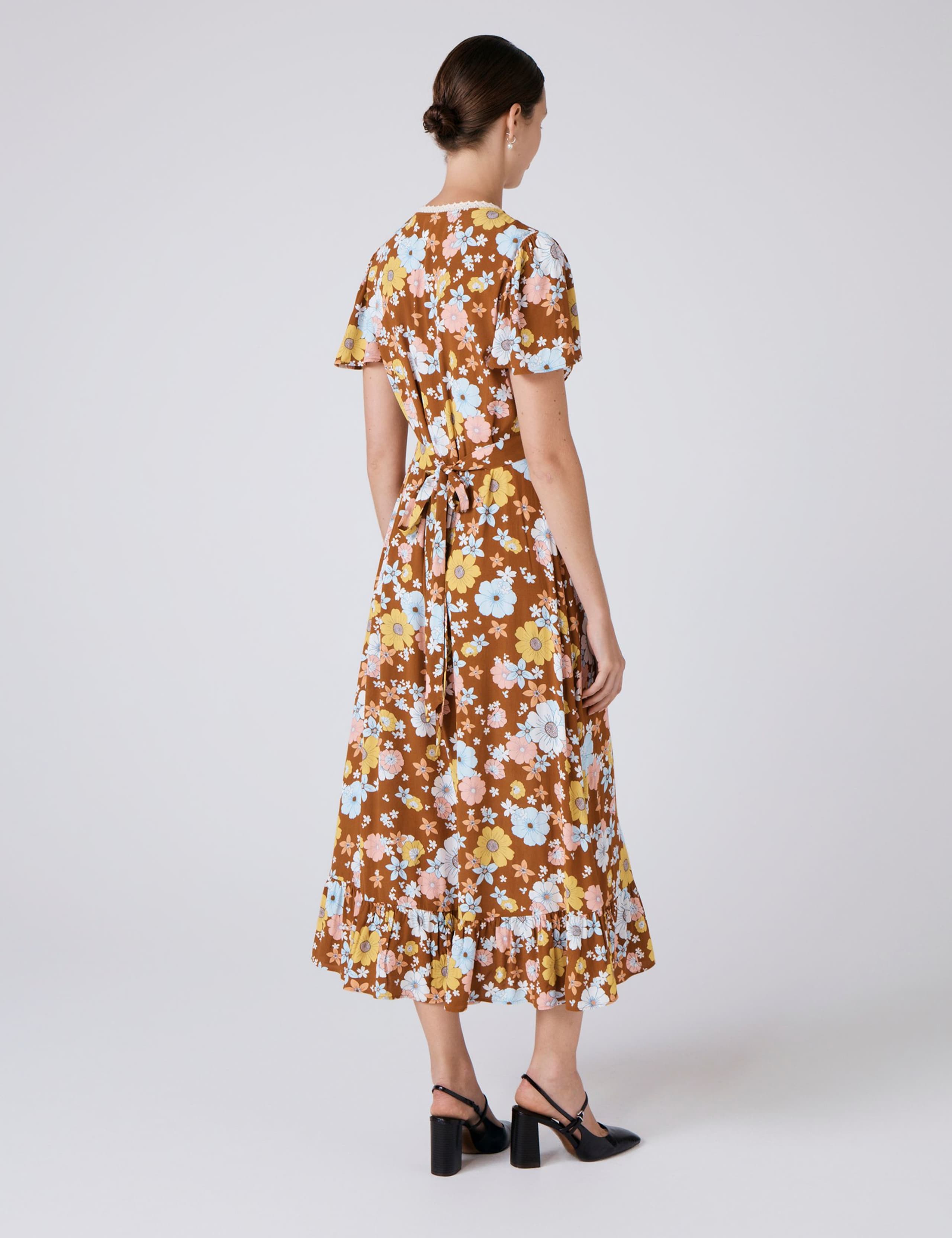 Crepe Floral Lace Trim Midi Tea Dress 3 of 5