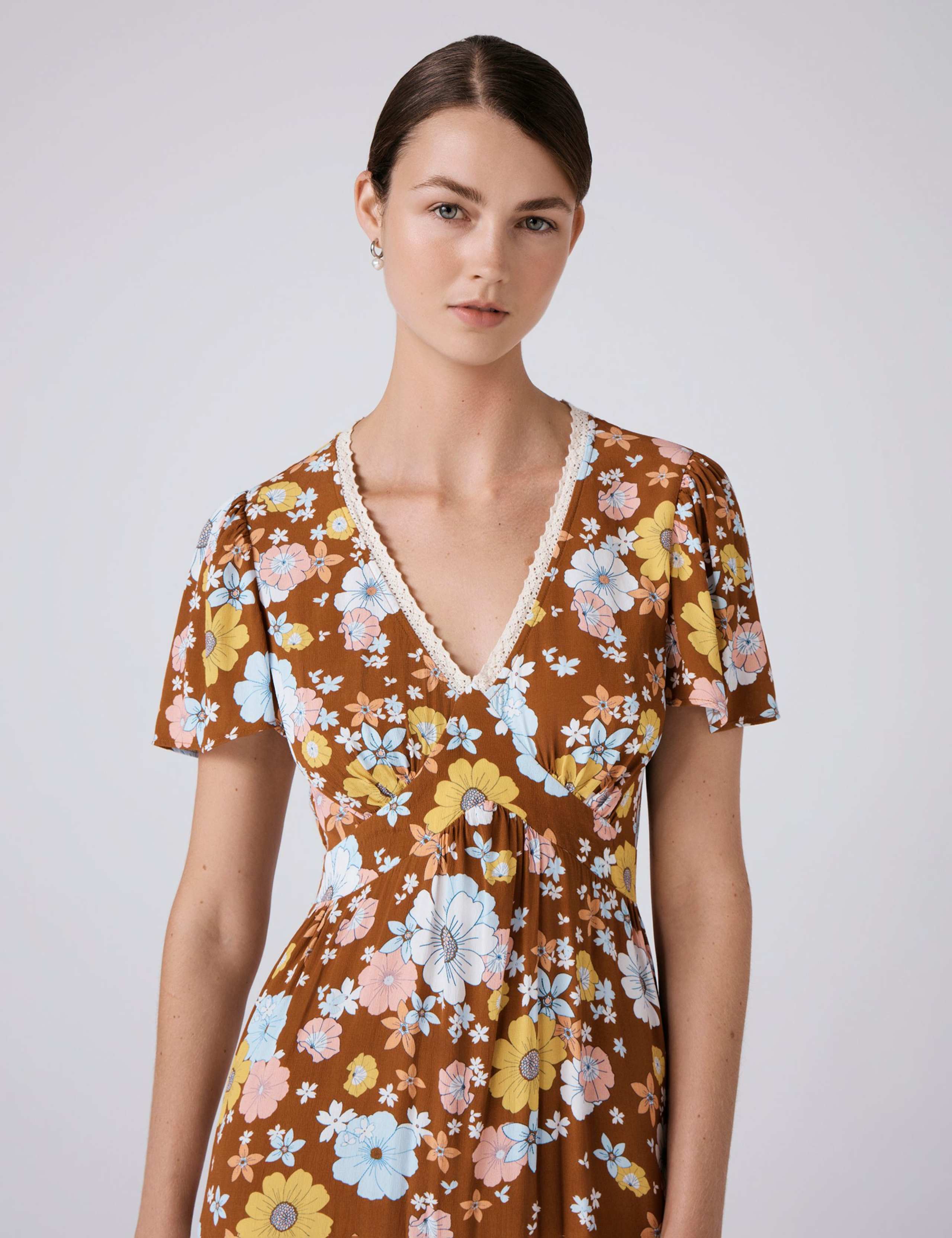 Crepe Floral Lace Trim Midi Tea Dress 5 of 5