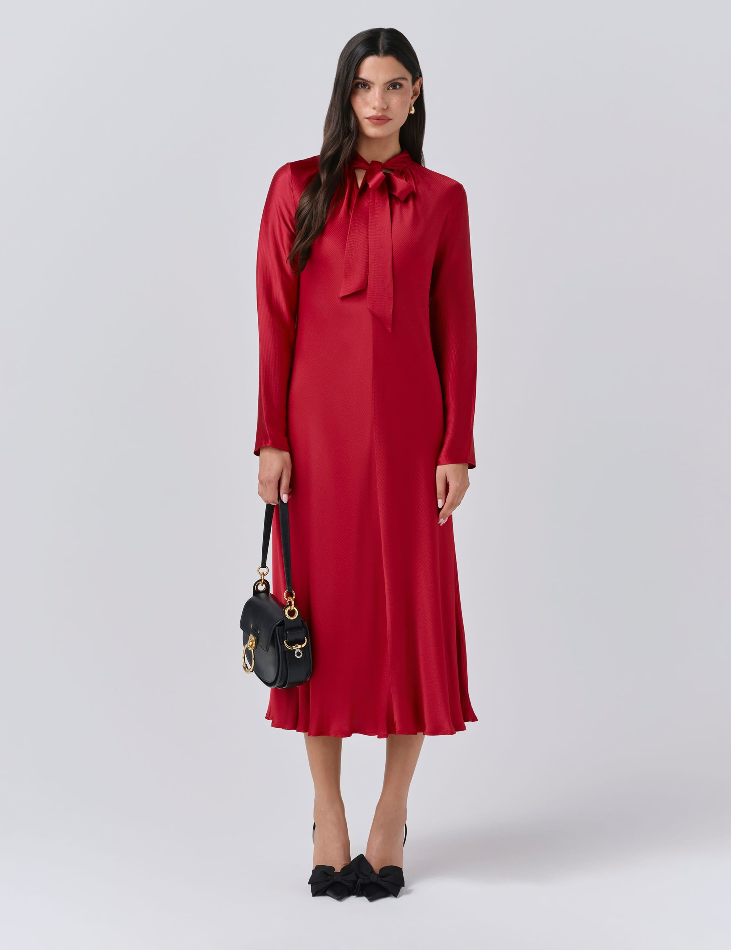 Satin Tie Neck Midi Skater Dress 1 of 5