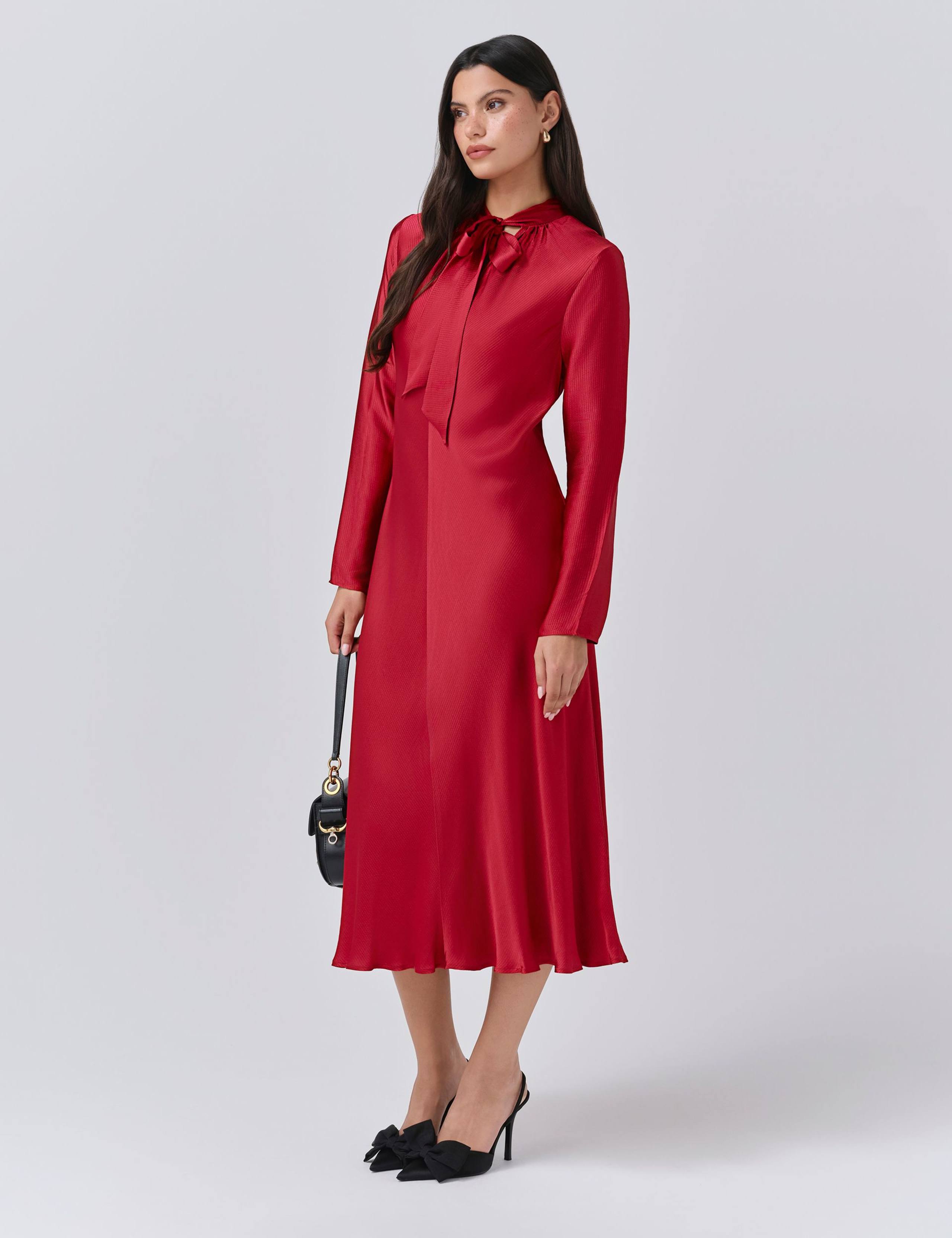 Satin Tie Neck Midi Skater Dress 2 of 5