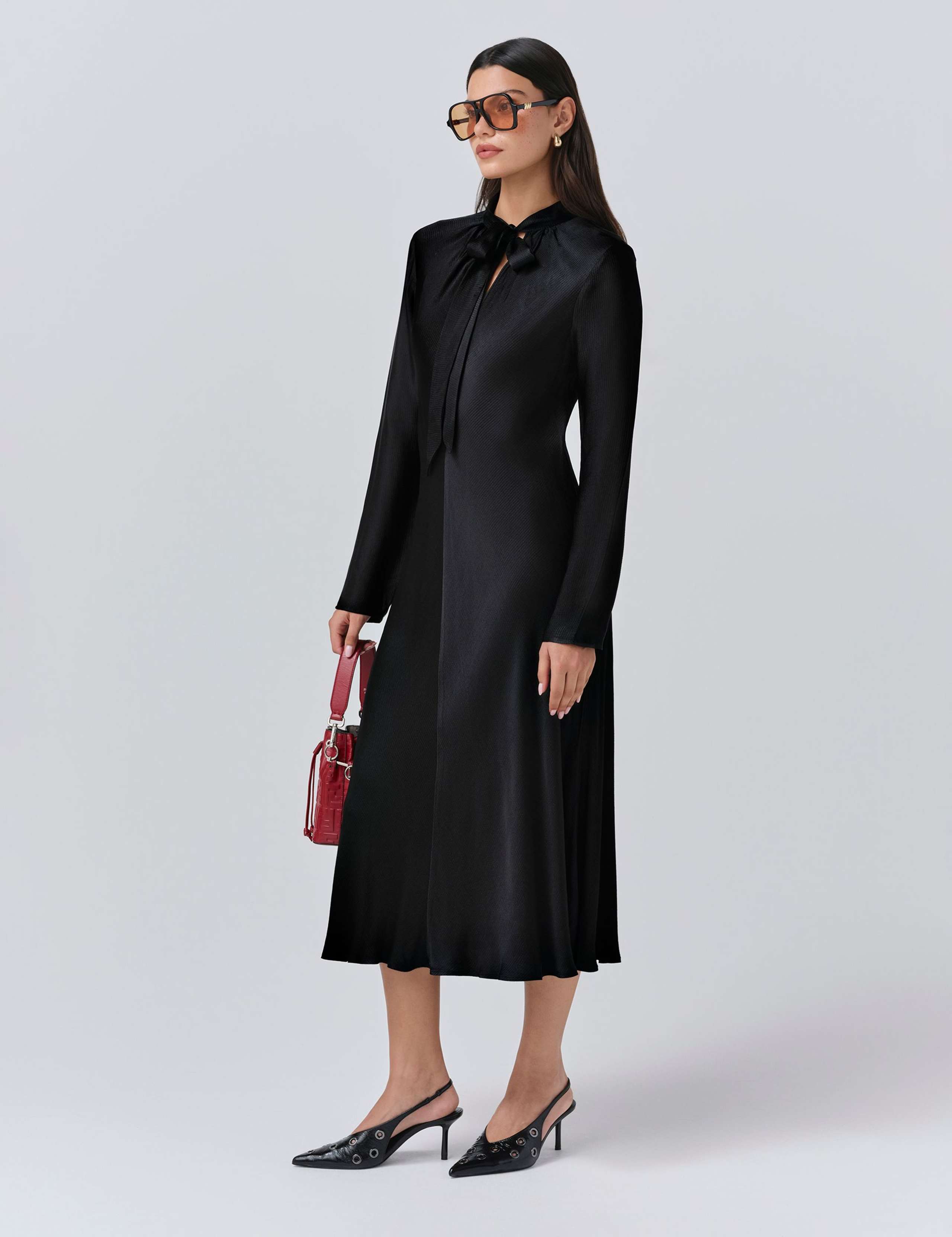 Satin Tie Neck Midi Skater Dress 2 of 5