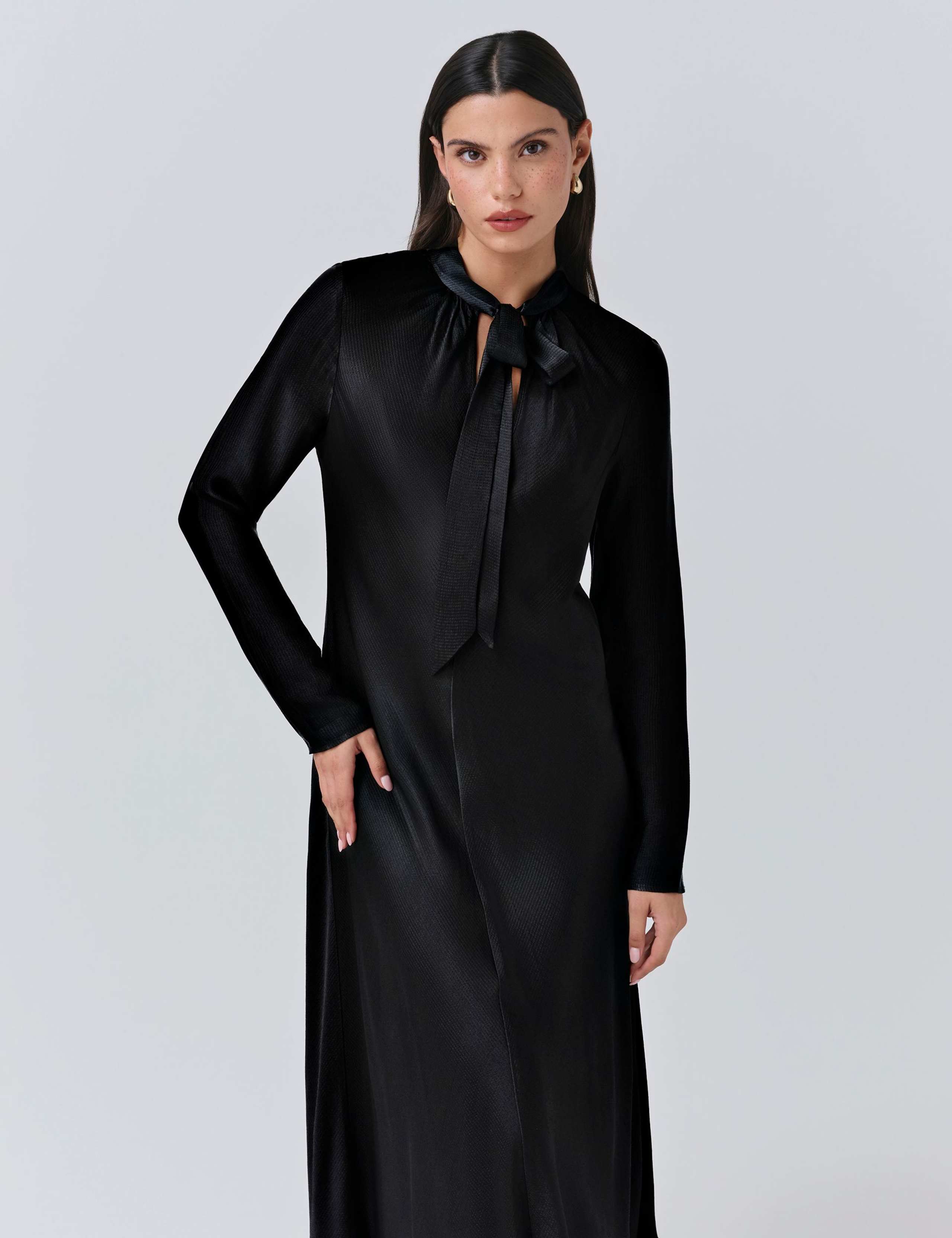 Satin Tie Neck Midi Skater Dress 4 of 5