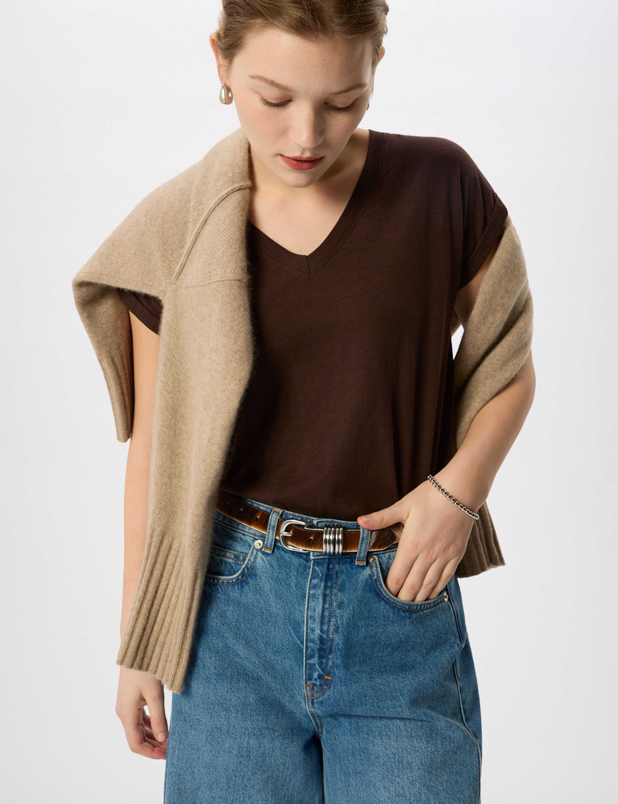 Pure Cotton V-Neck Cap Sleeve T-Shirt 1 of 6