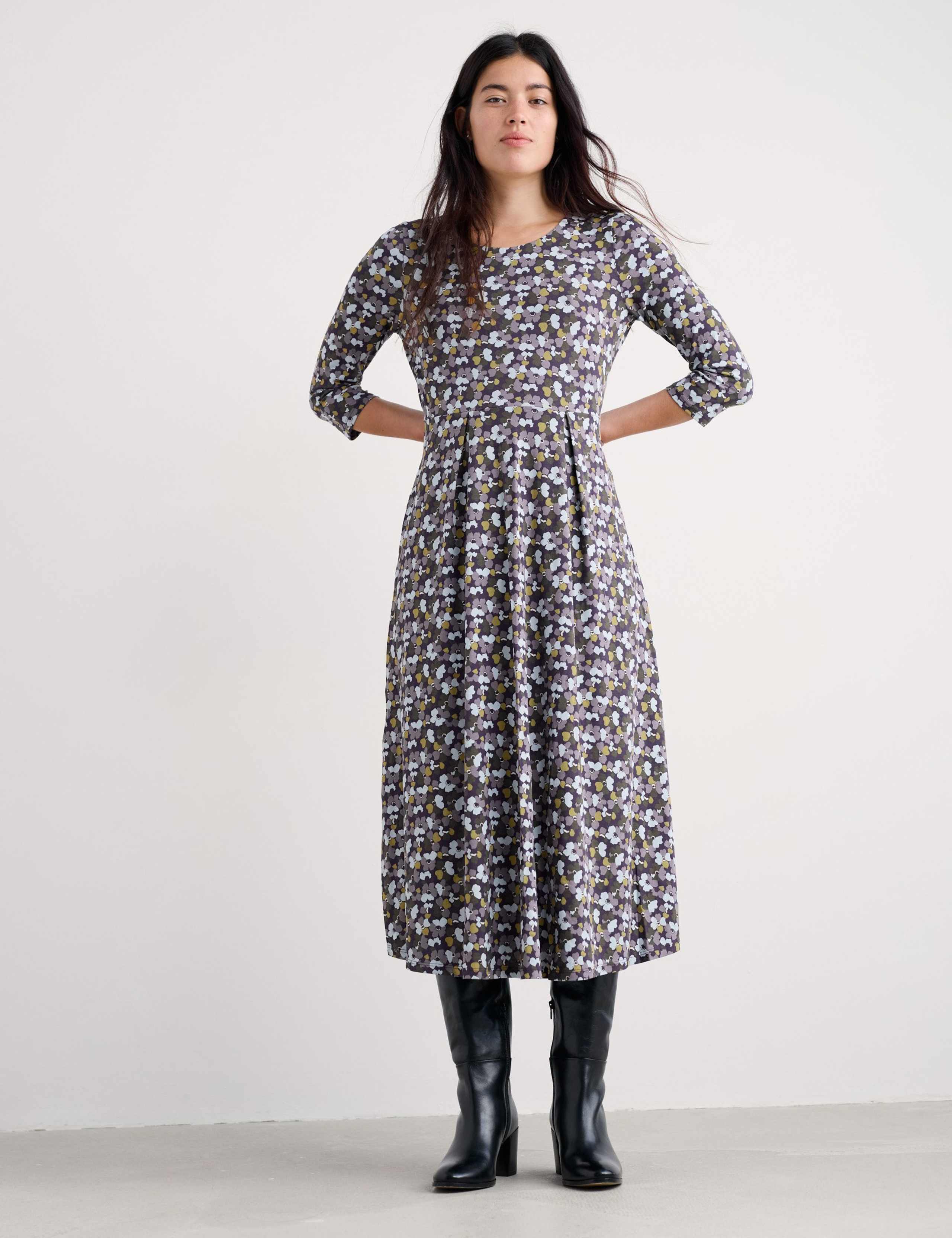 Cotton Rich Jersey Floral Midi Waisted Dress 1 of 5