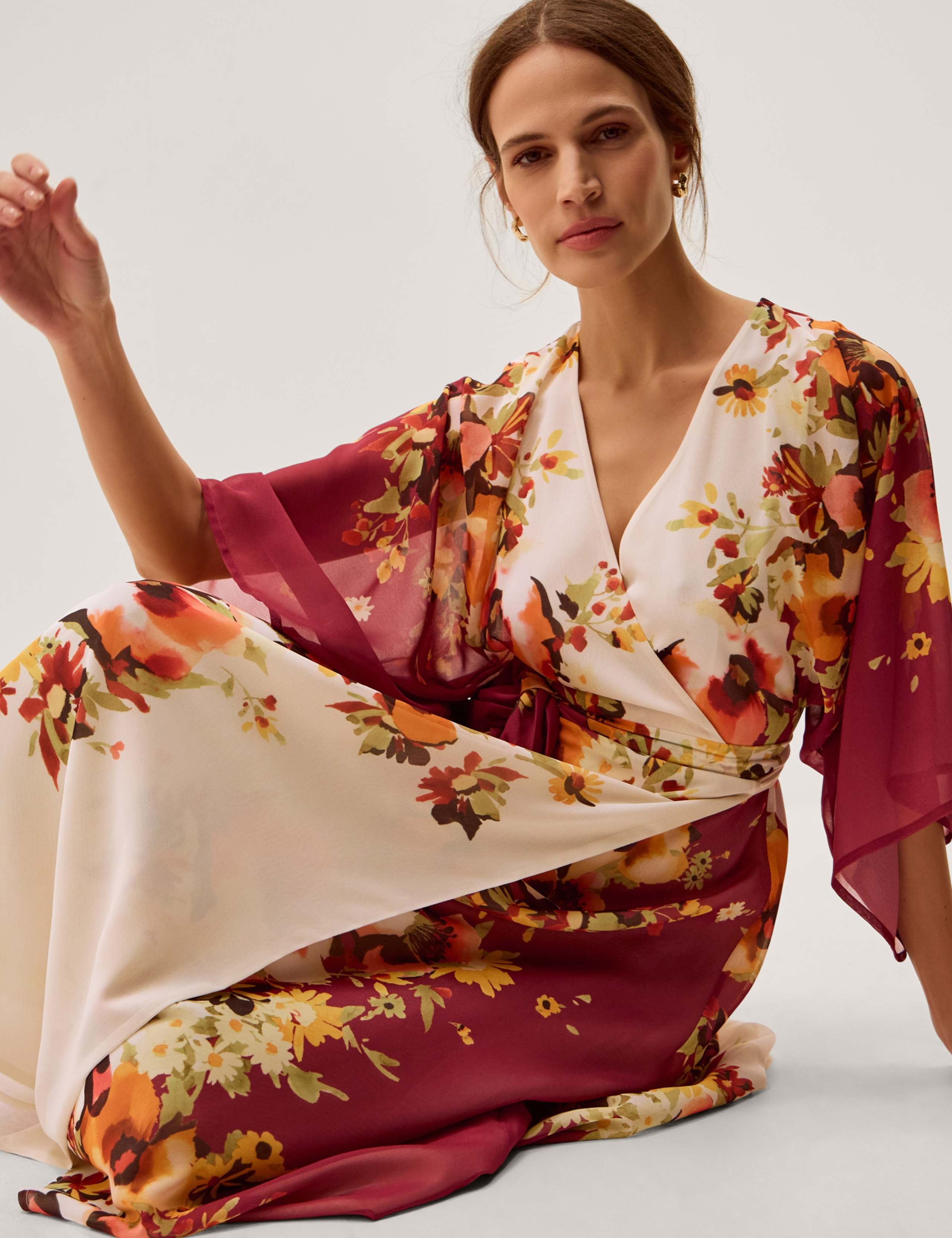 Floral V-Neck Angel Sleeve Midi Wrap Dress 2 of 5