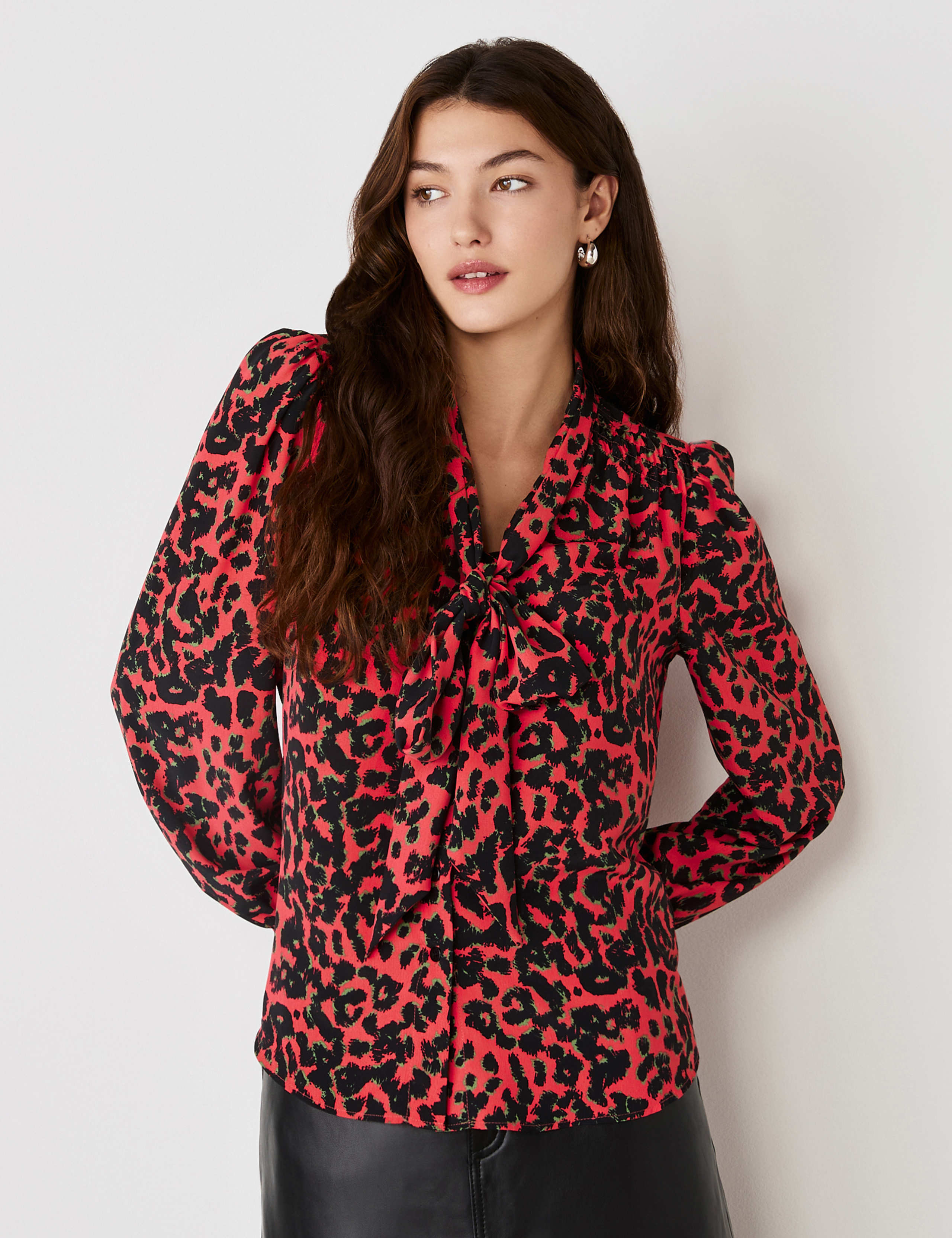 Crepe Animal Print Tie Neck Blouse 1 of 4