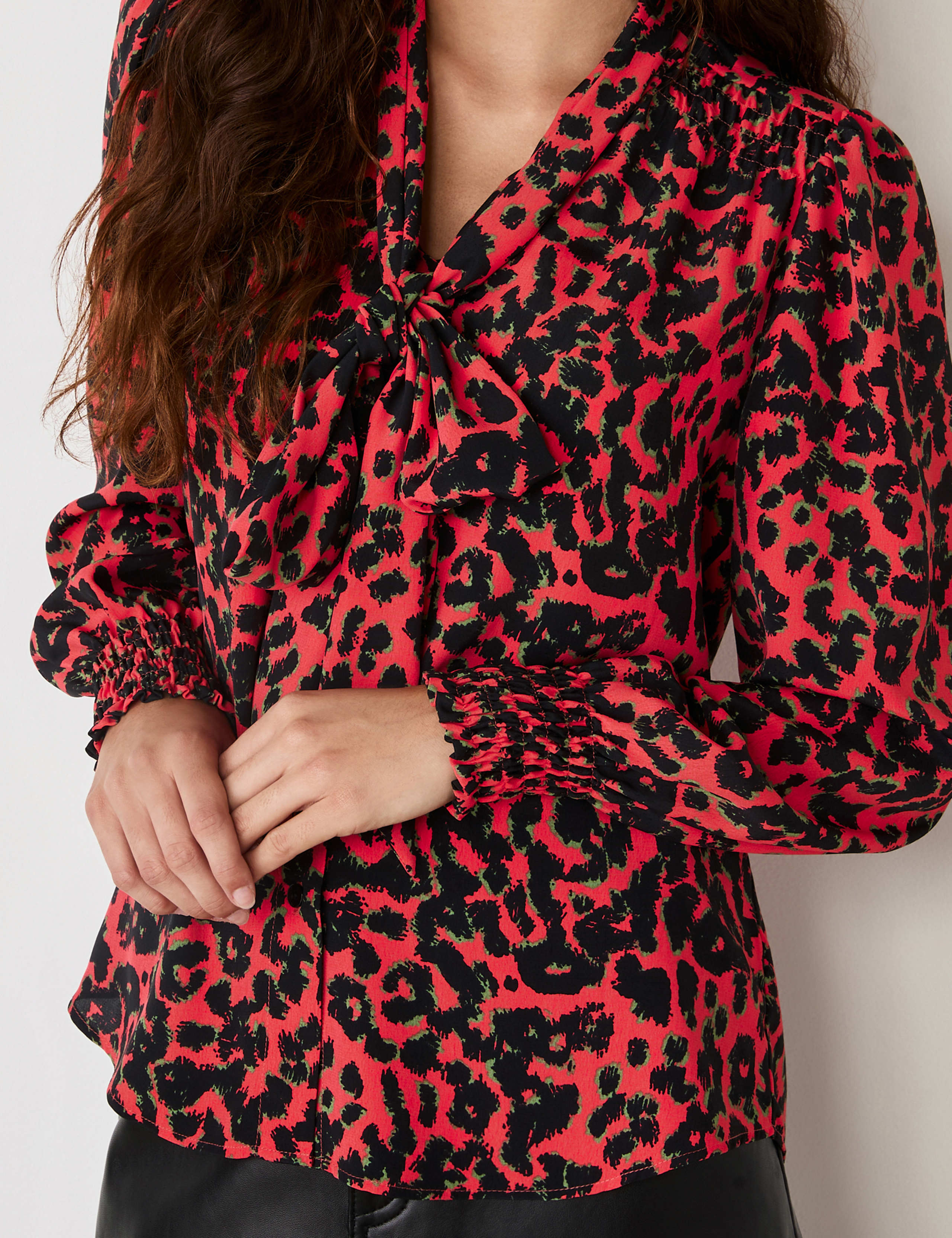 Crepe Animal Print Tie Neck Blouse 3 of 4