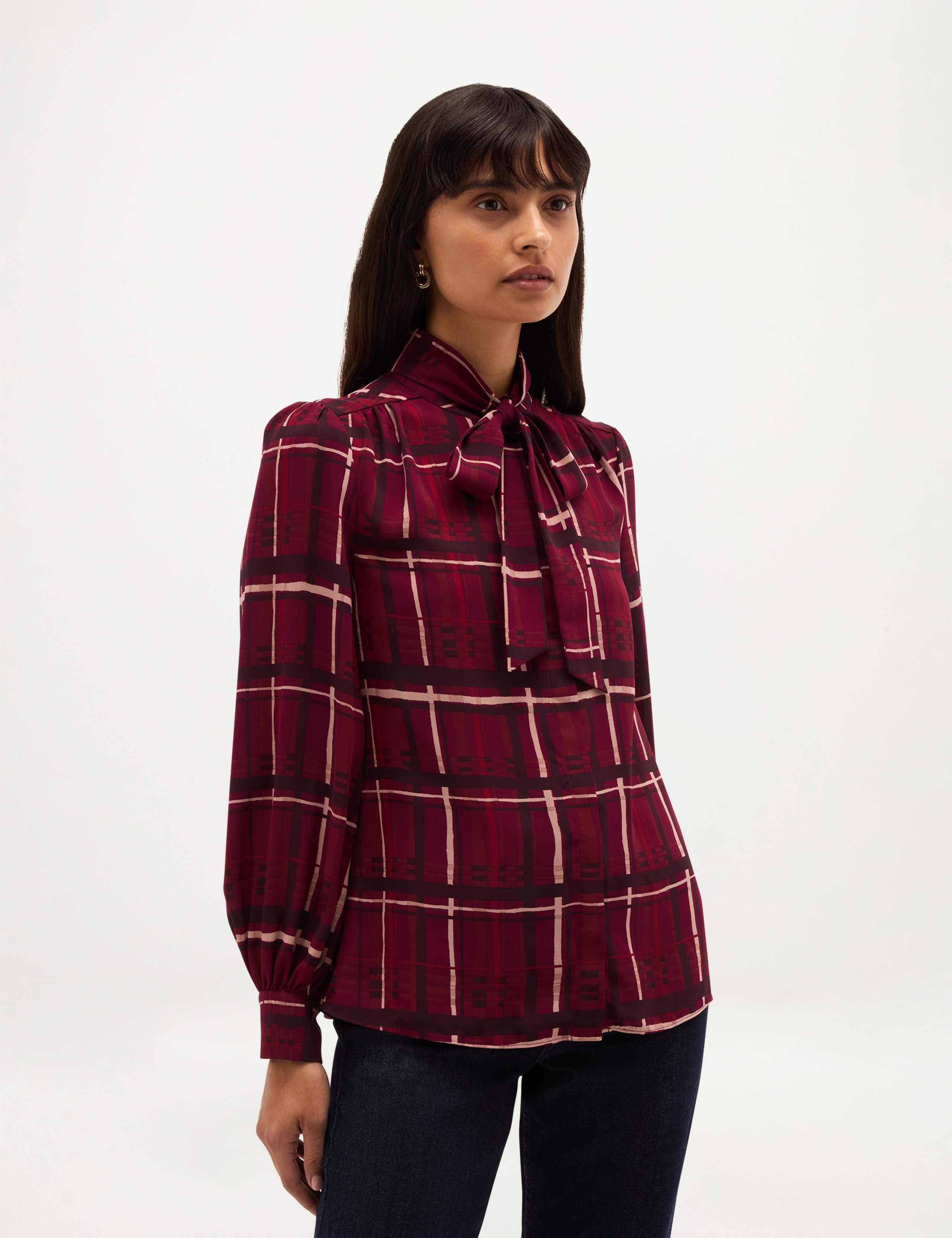 Checked Long Sleeve V Neck Blouse 1 of 7