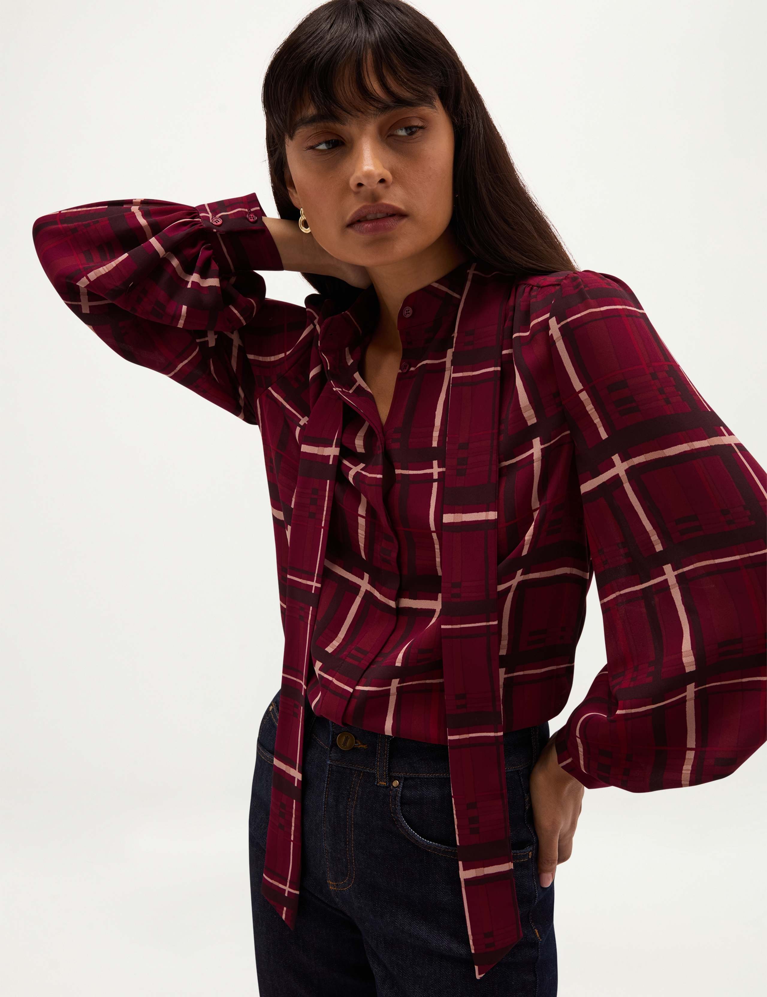 Checked Long Sleeve V Neck Blouse 5 of 7