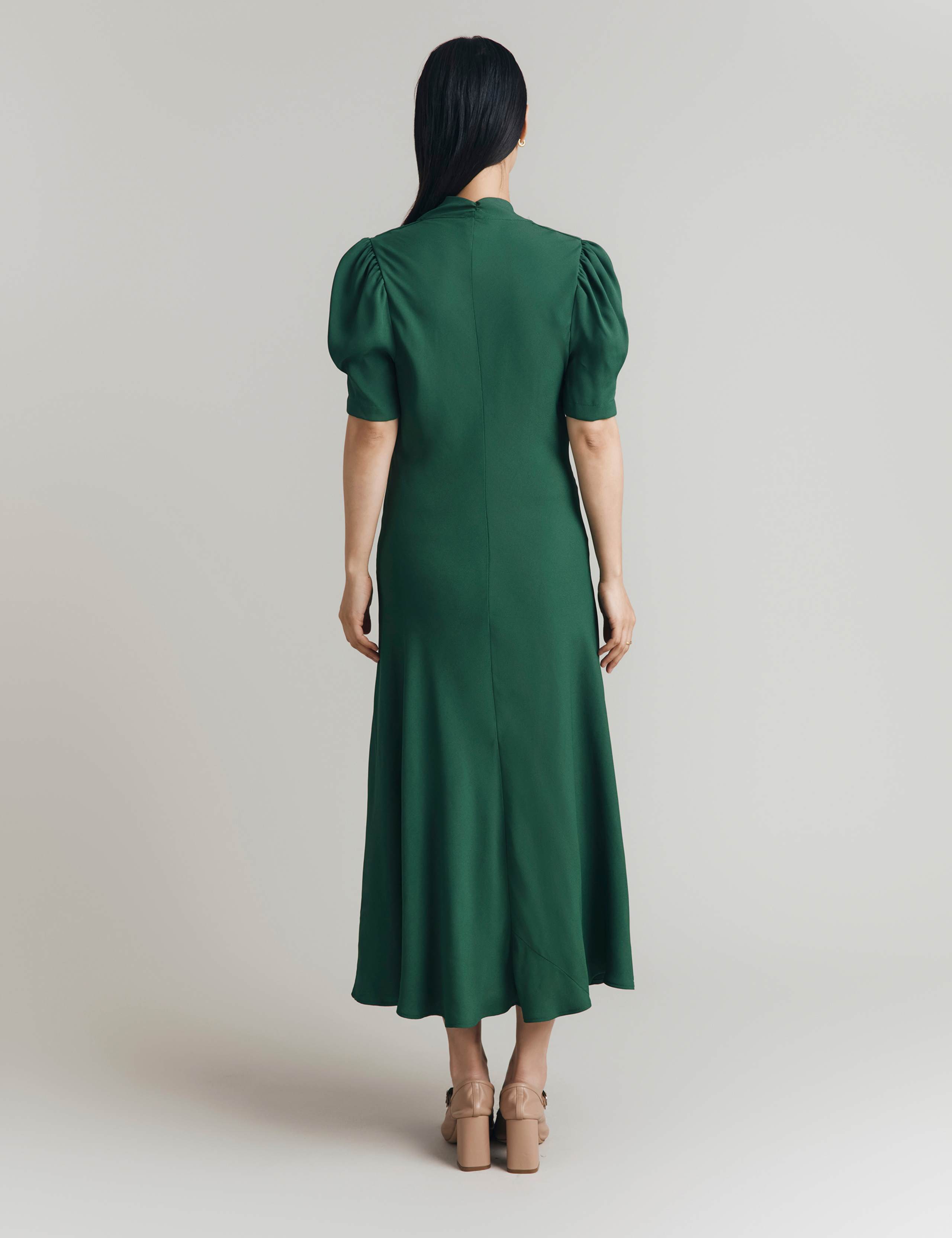 Satin Crepe V-Neck Ruched Midi Tea Dress 2 of 4