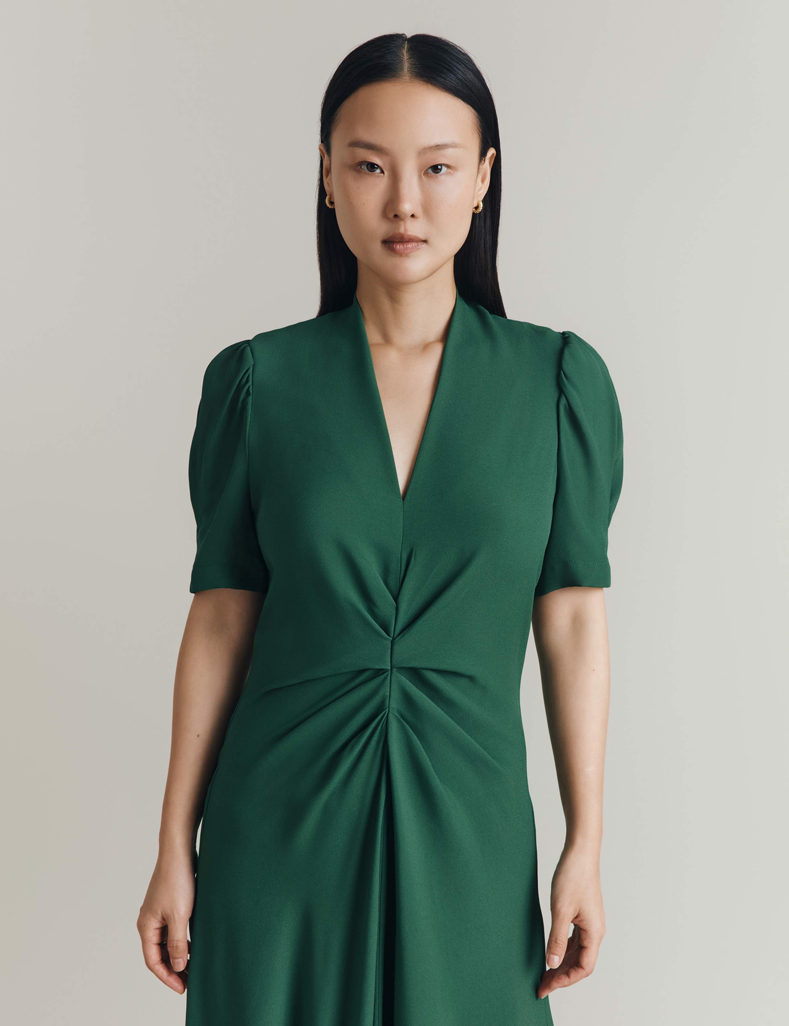 Satin Crepe V-Neck Ruched Midi Tea Dress 3 of 4