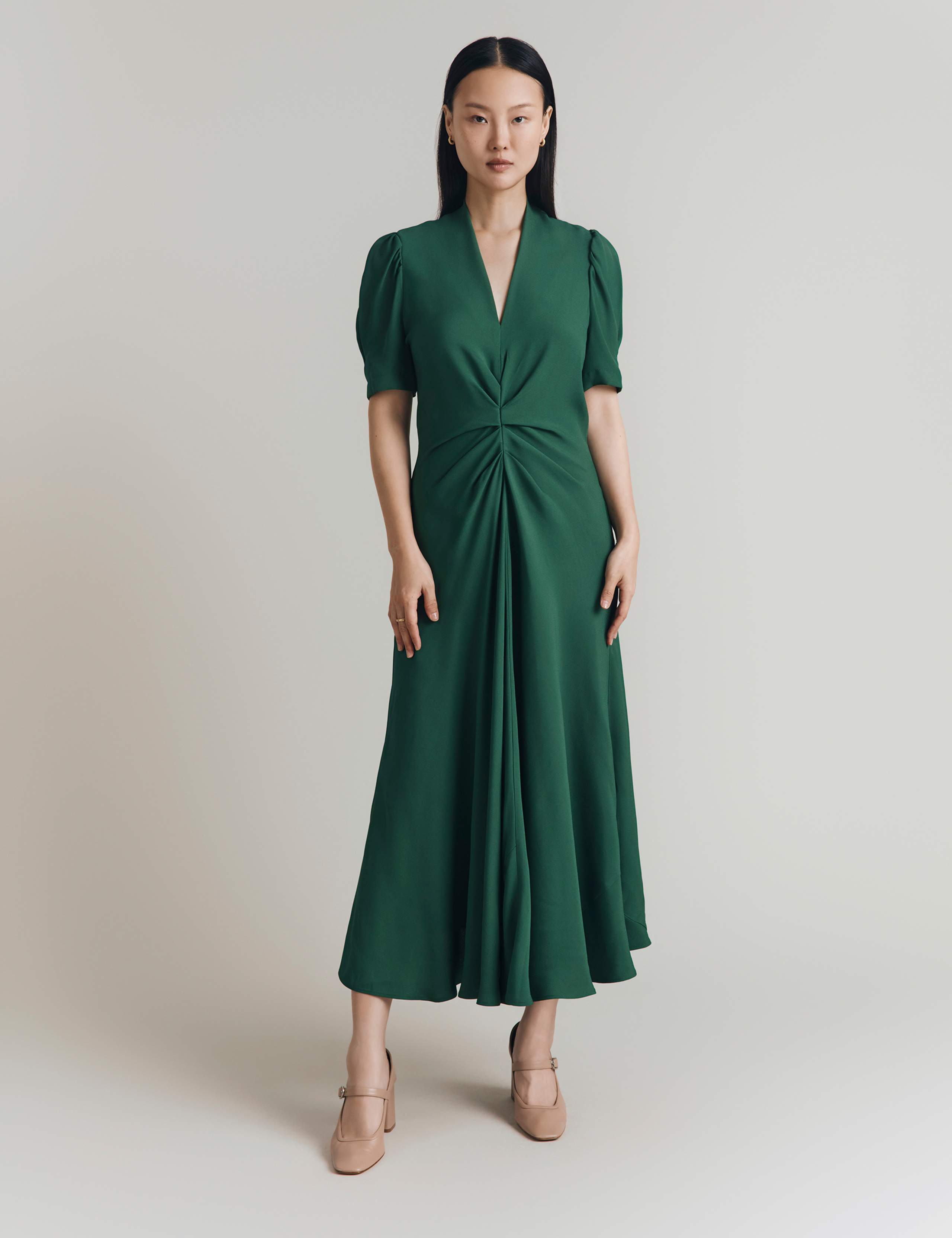 Satin Crepe V-Neck Ruched Midi Tea Dress 4 of 4