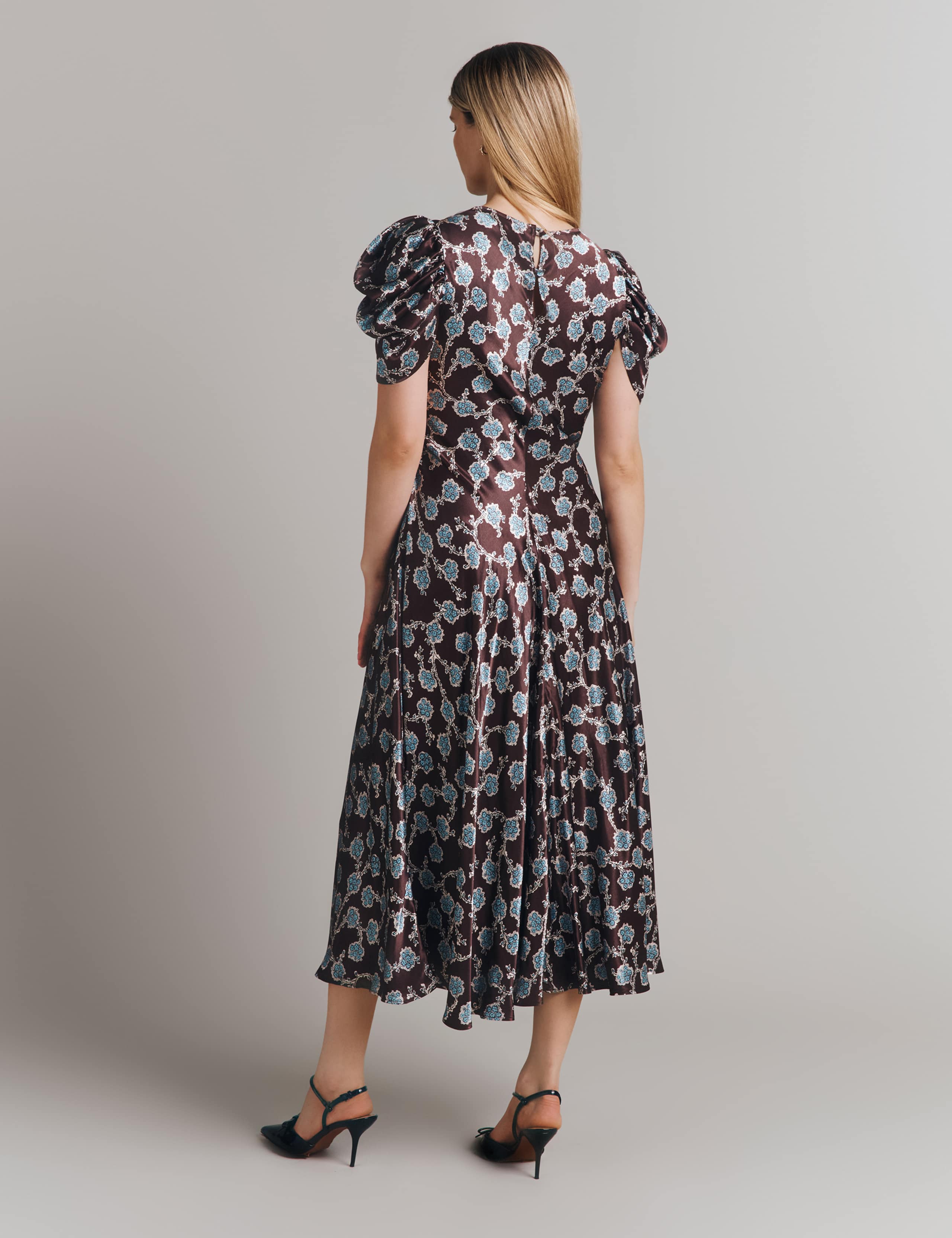 Satin Floral Round Neck Midi Skater Dress 2 of 4