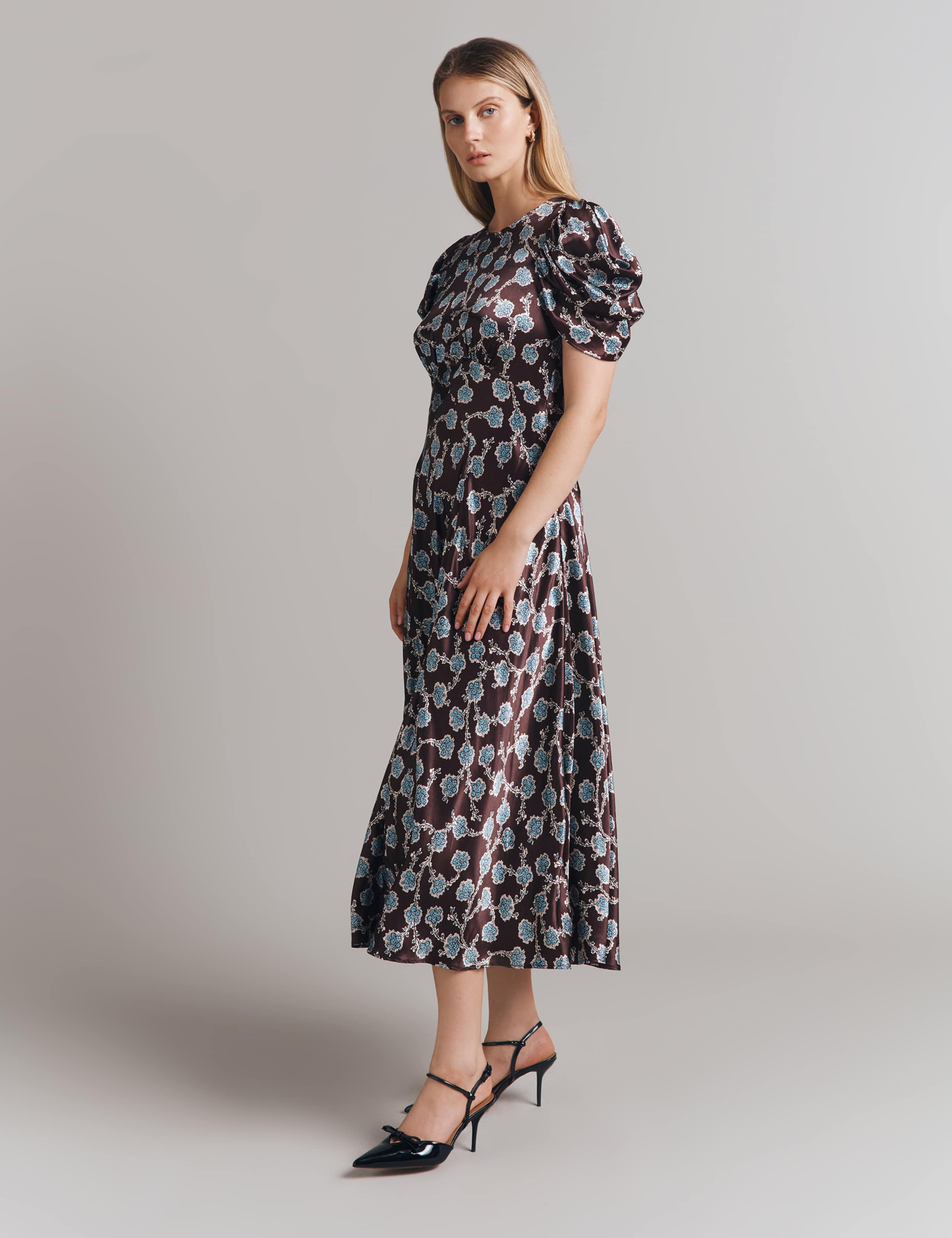 Satin Floral Round Neck Midi Skater Dress 3 of 4