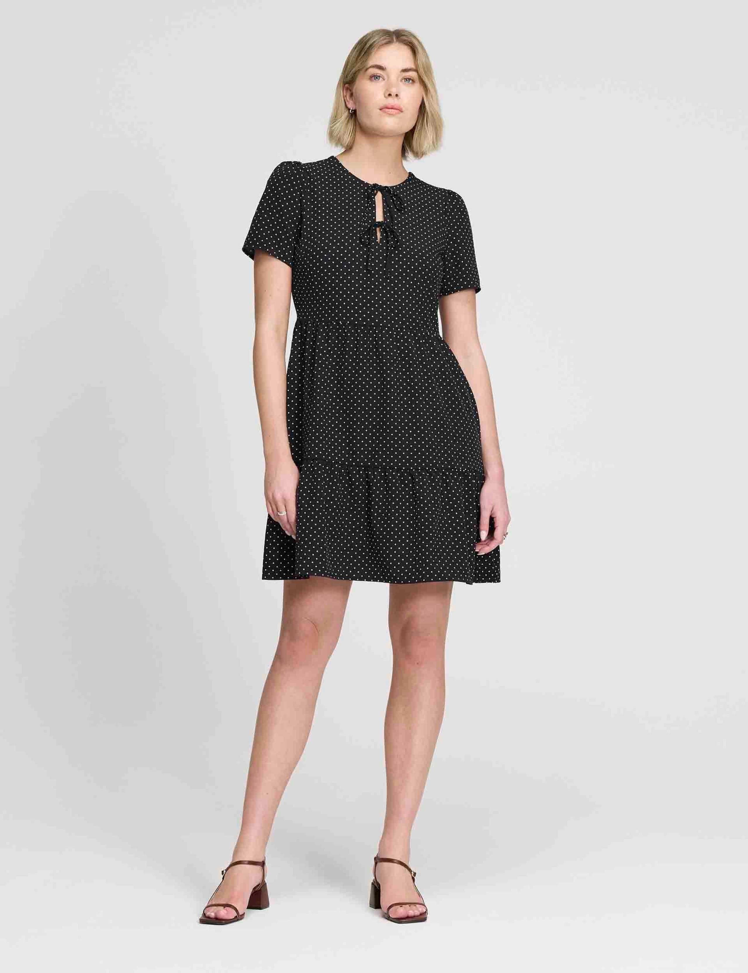 Polka Dot Tie Front Tiered Mini Dress 2 of 7