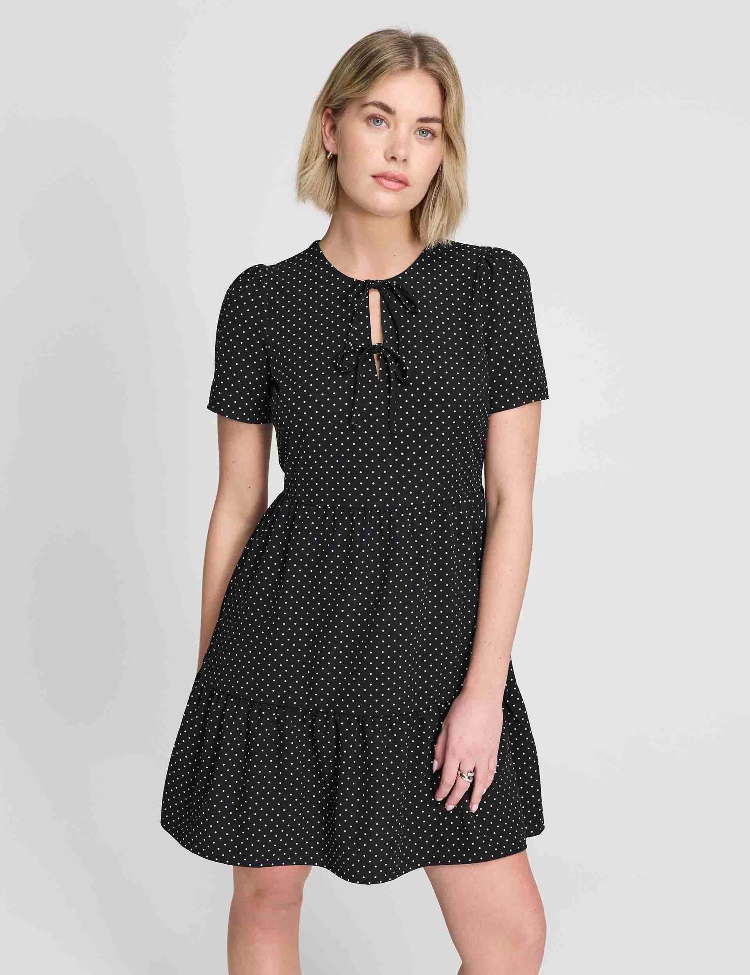 Polka Dot Tie Front Tiered Mini Dress 4 of 7