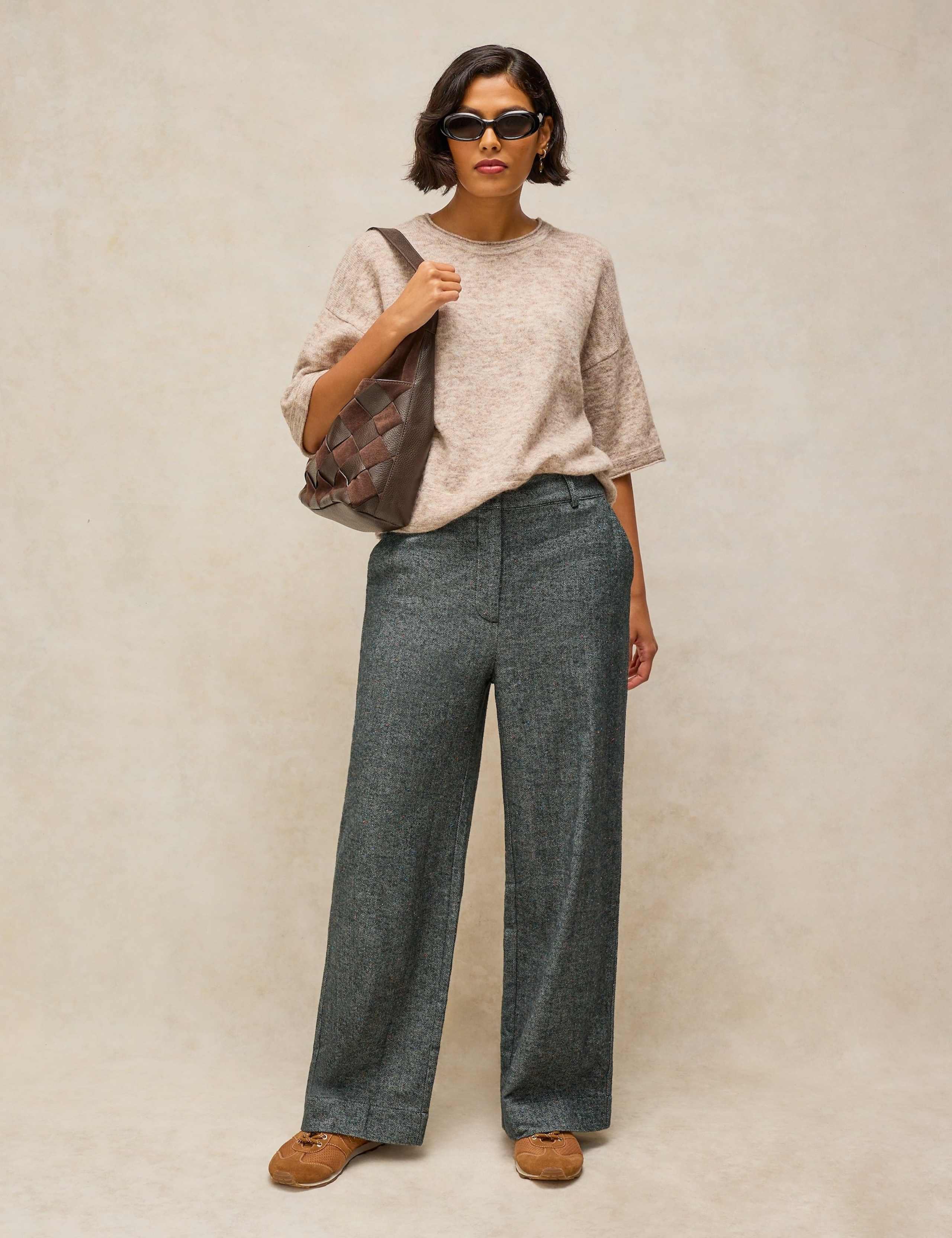 Cotton Rich Herringbone Wide Leg Trousers 3 of 6