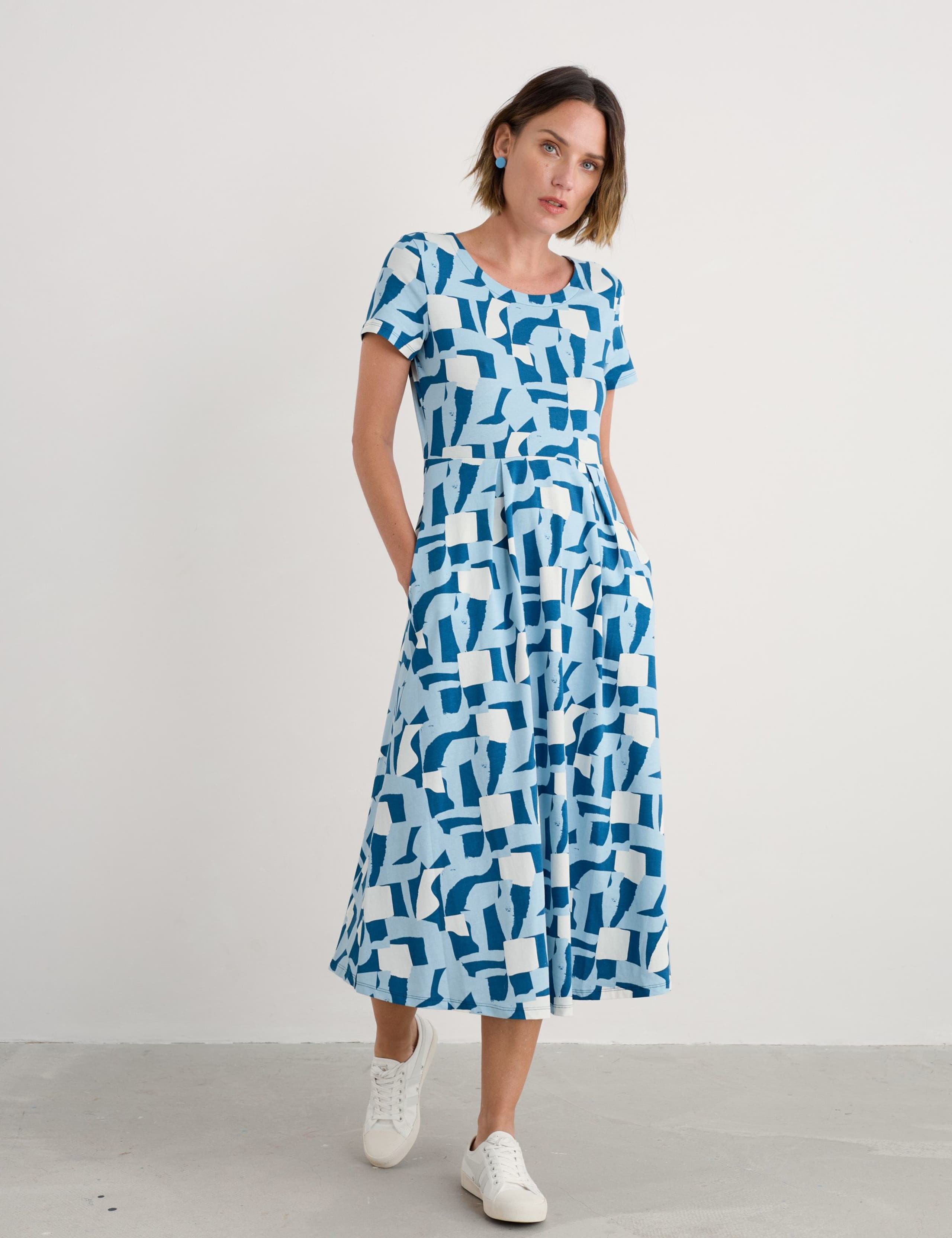 Cotton Rich Geometric Midi Waisted Dress 1 of 4