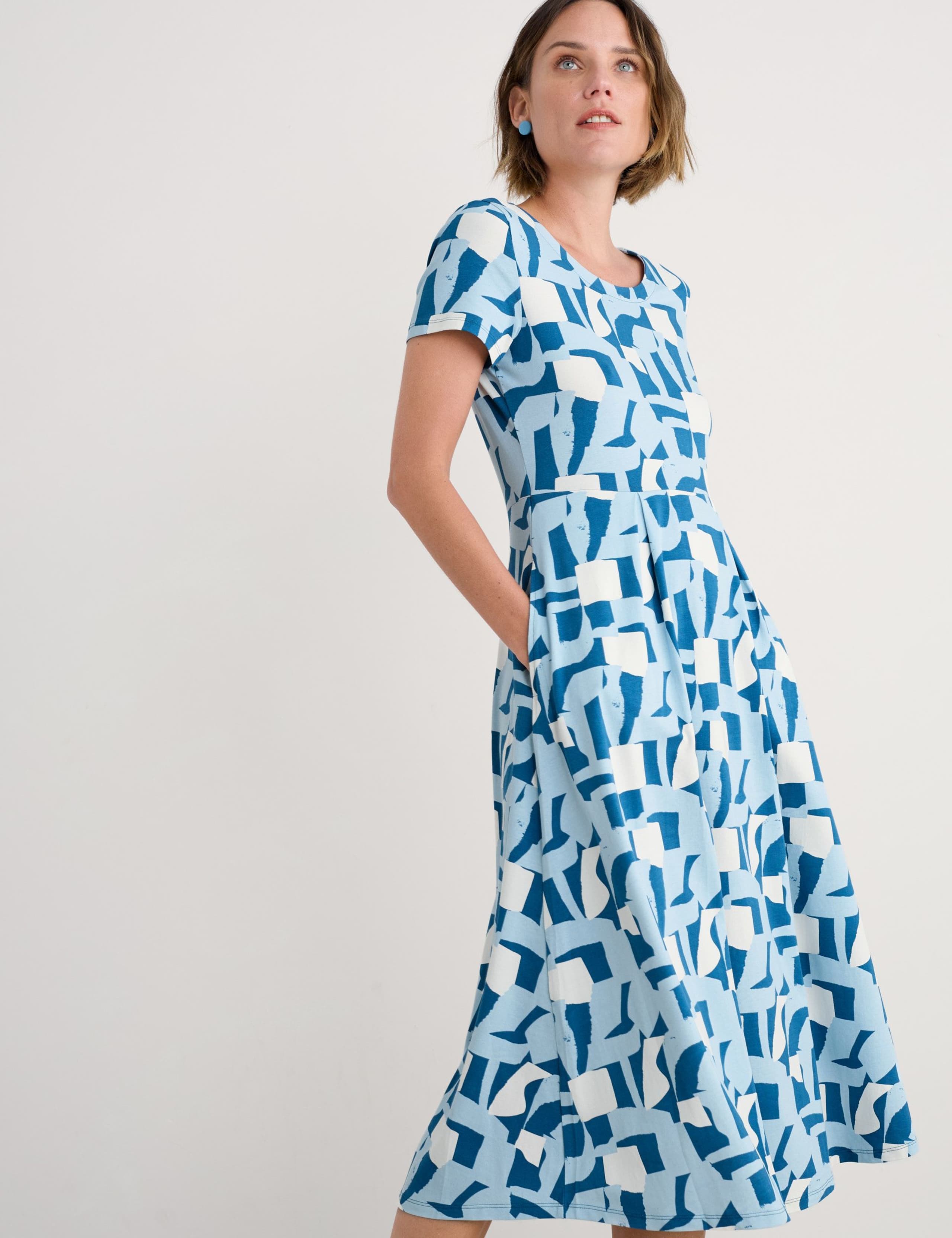 Cotton Rich Geometric Midi Waisted Dress 3 of 4