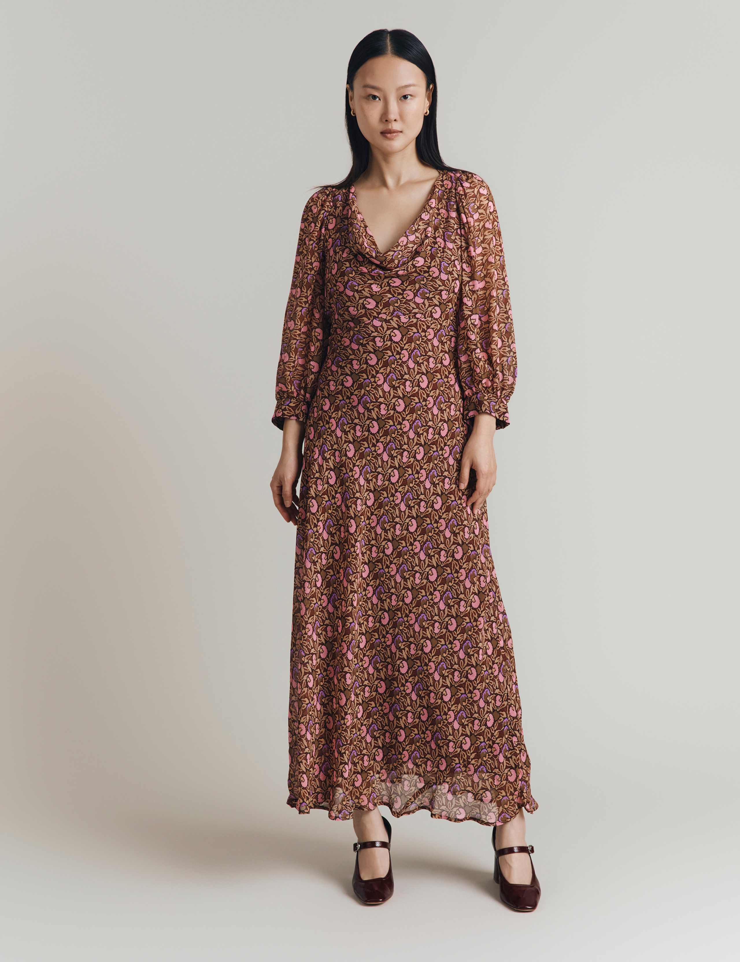 Floral Print Cowl Neck Midi Waisted Dress 4 of 4