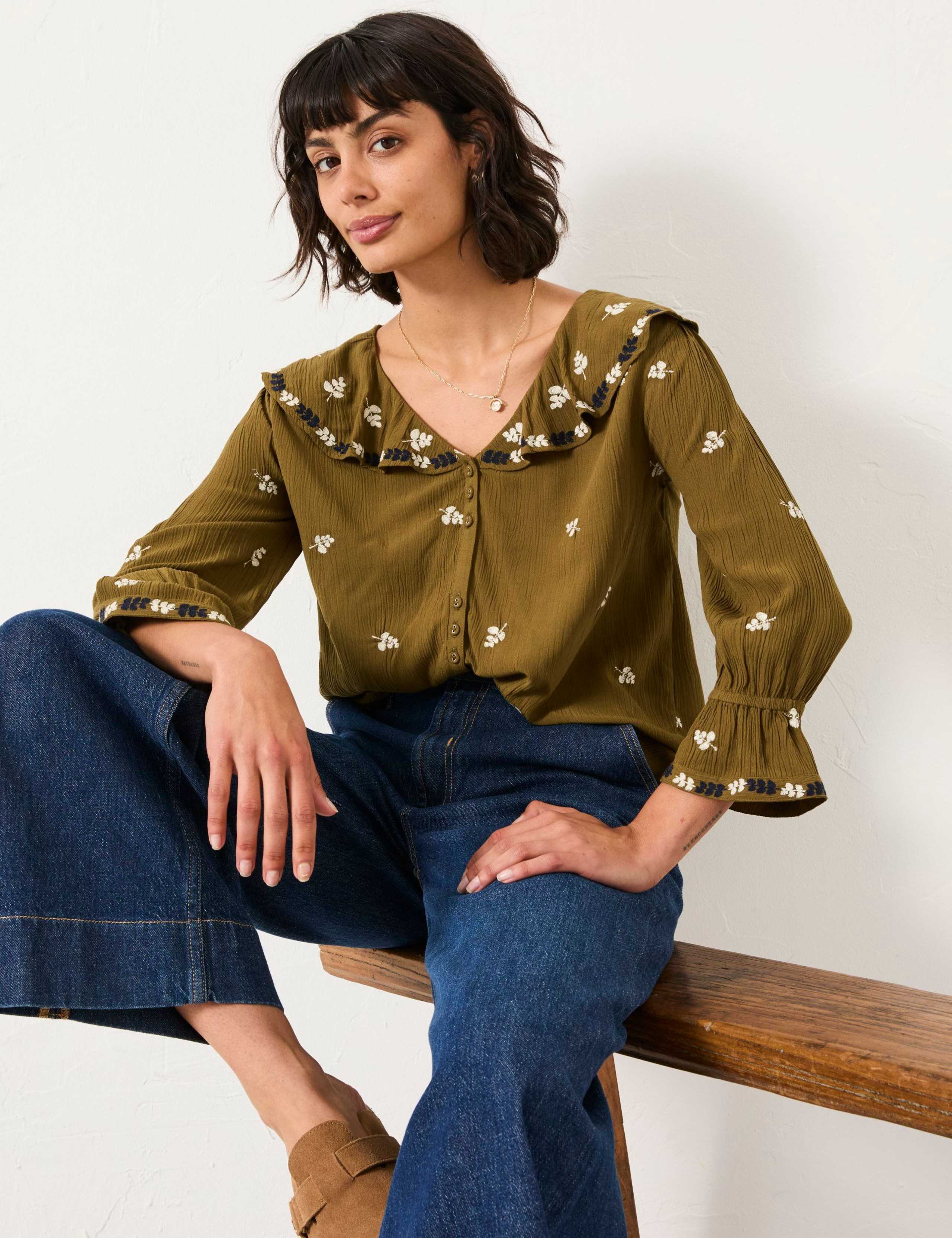 Embroidered V-Neck Button Through Blouse 2 of 4